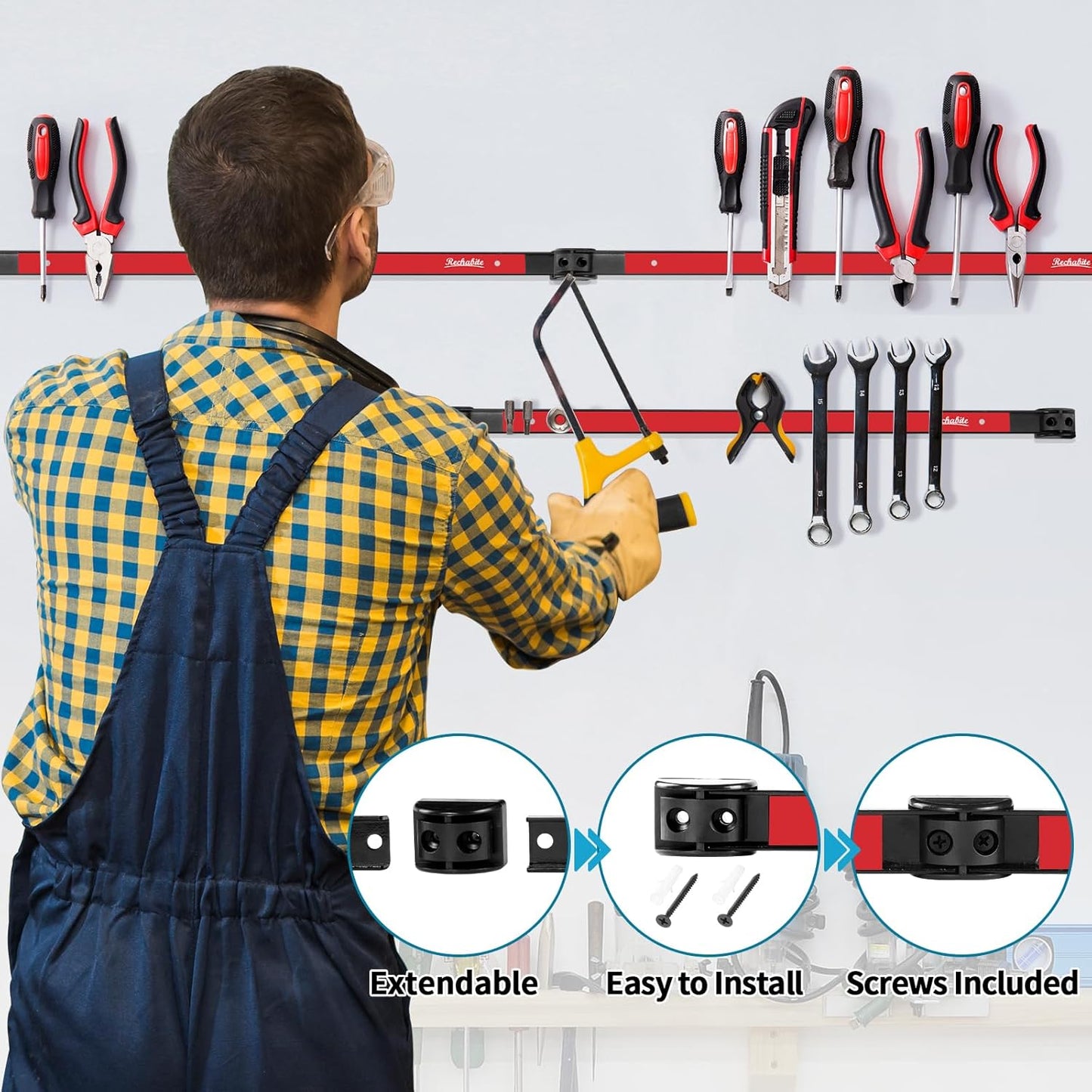 6 Pieces 12" Magnetic Tool Holder Strip, Red Magnet Bar, Metal Tool Organizer Rack for Garage Organization, Easy To Install in Workshop, Mounting Screws Included