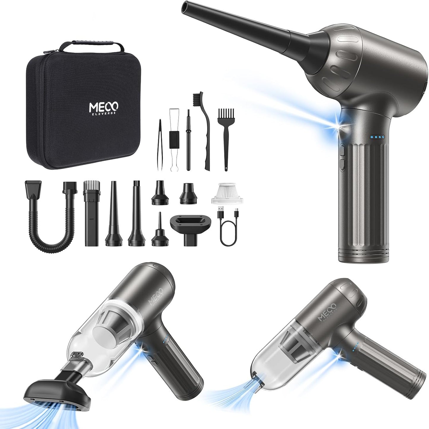 MECO ELEVERDE Compressed Air Duster Electric, 130000RPM 4in1 Air Duster Vacuum/Mini Vacuum/Air Blower & Pump, 3 Gear Brushless Motor with LED Light for PC, Keyboard, Car, Carpet (Gray)