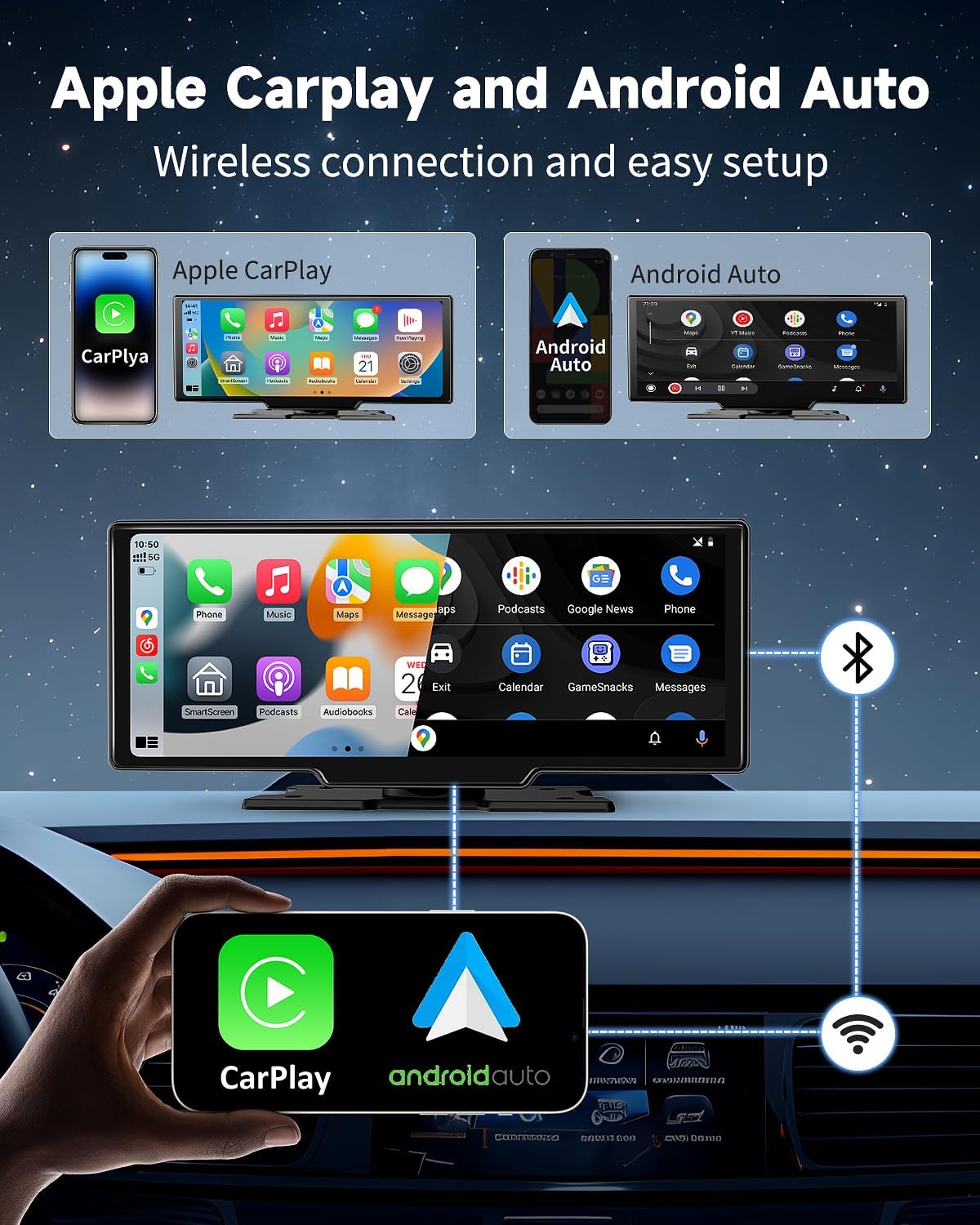 Wireless Carplay Screen for Car - 10.26 Inch Car Stereo Wireless Car Play & Android Auto Touch Screen, with 4K Dash Cam, Backup Camera, GPS Navigation, Voice Control,Bluetooth,Mirror Link,FM