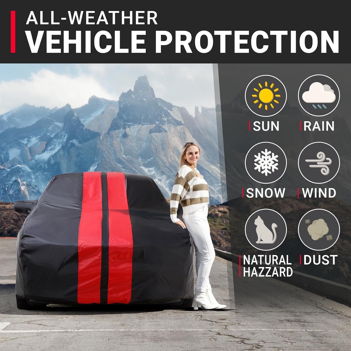 iCarCover Custom Car Cover for Pontiac Sunfire 2-Door, 4-Door (2003-2005) Waterproof All-Weather Rain Snow UV Sun Protector Full Exterior Indoor Outdoor Car Cover (Stripe - Black/Red)