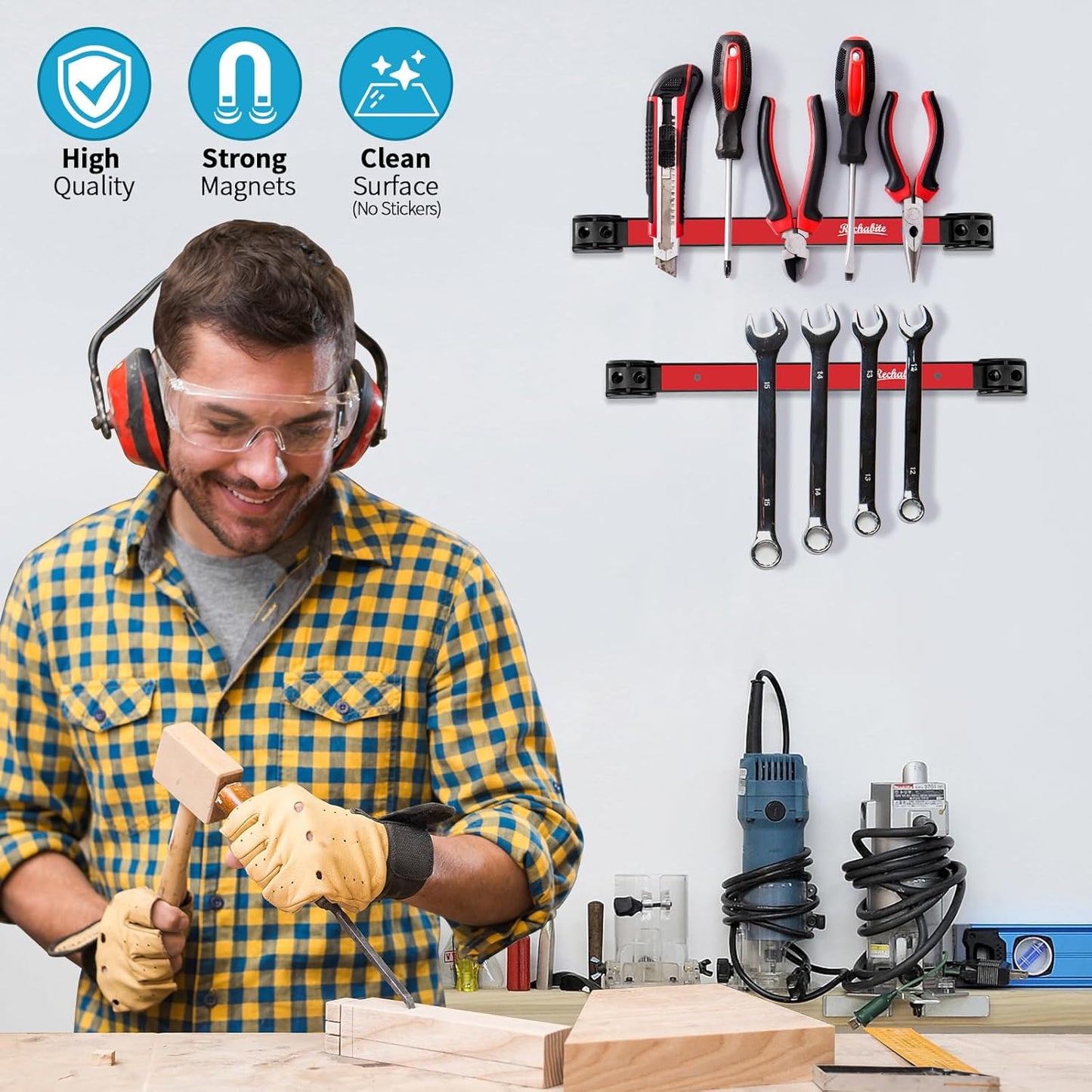 6 Pieces 12" Magnetic Tool Holder Strip, Red Magnet Bar, Metal Tool Organizer Rack for Garage Organization, Easy To Install in Workshop, Mounting Screws Included