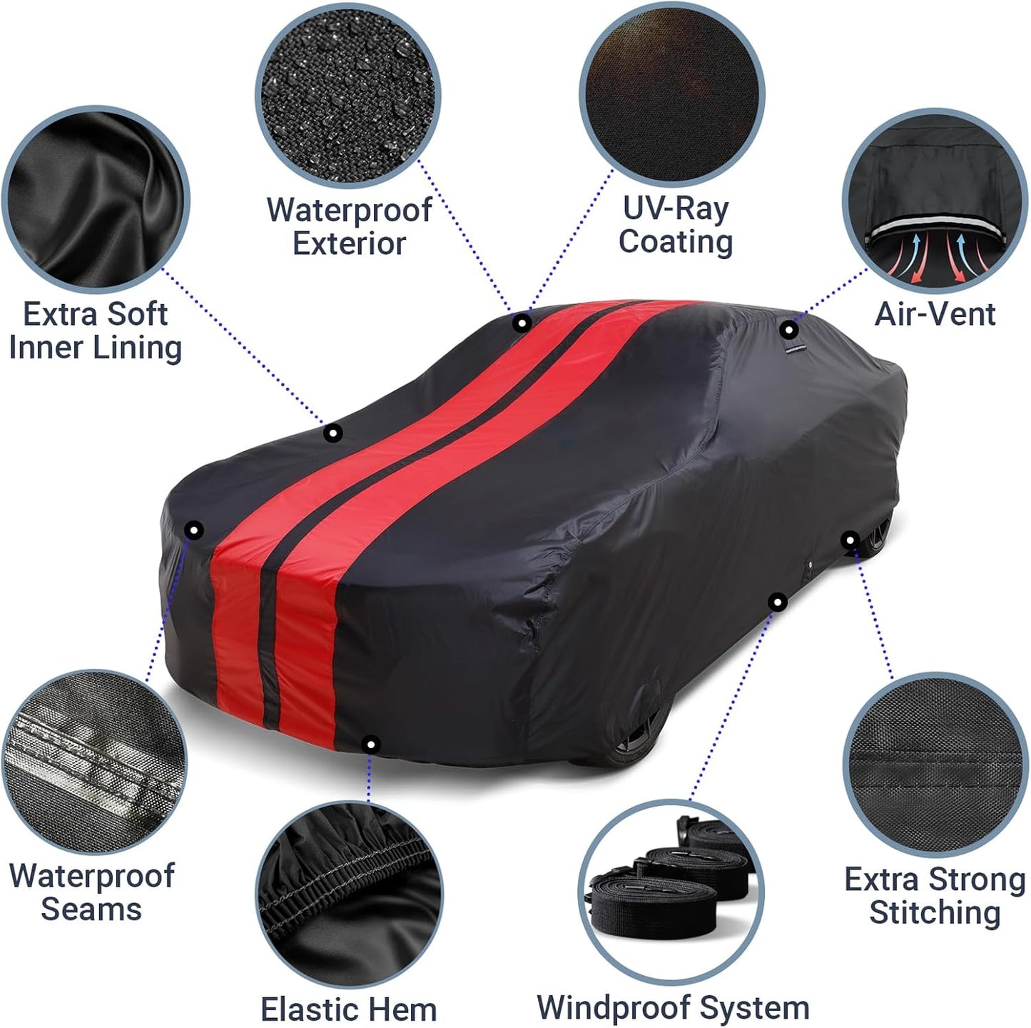 iCarCover Custom Car Cover for Buick Special 2-Door, 4-Door (1950-1958) Waterproof All-Weather Rain Snow UV Sun Protector Full Exterior Indoor Outdoor Car Cover (Stripe - Black/Red)