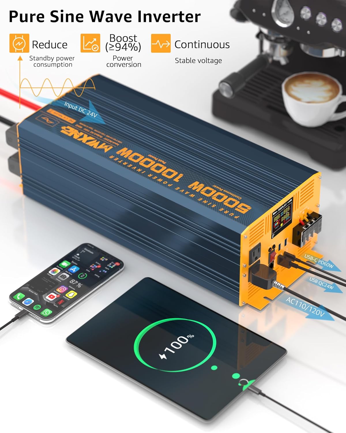 5000 Watt Power Inverter Pure Sine Wave 12V DC to 110V 120V 10000W Peak Heavy Duty Inverter with Remote Control and LED Display, 4 USB/Type-C Ports & 2 AC Outlets Car Charger for Vehicles RV