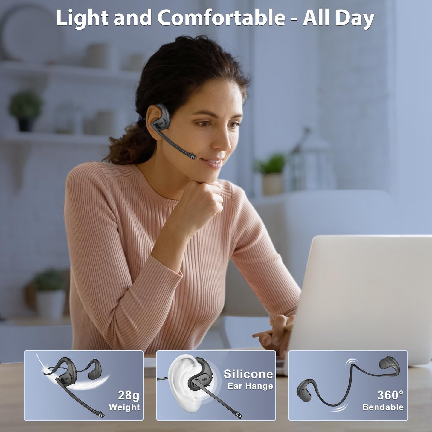 Trucker Bluetooth Headset, Open Ear Headphones with Detachable Noise Cancelling Mic, Wireless V5.3 Computer Headset with Boom Mic for Skype Zoom Face Time