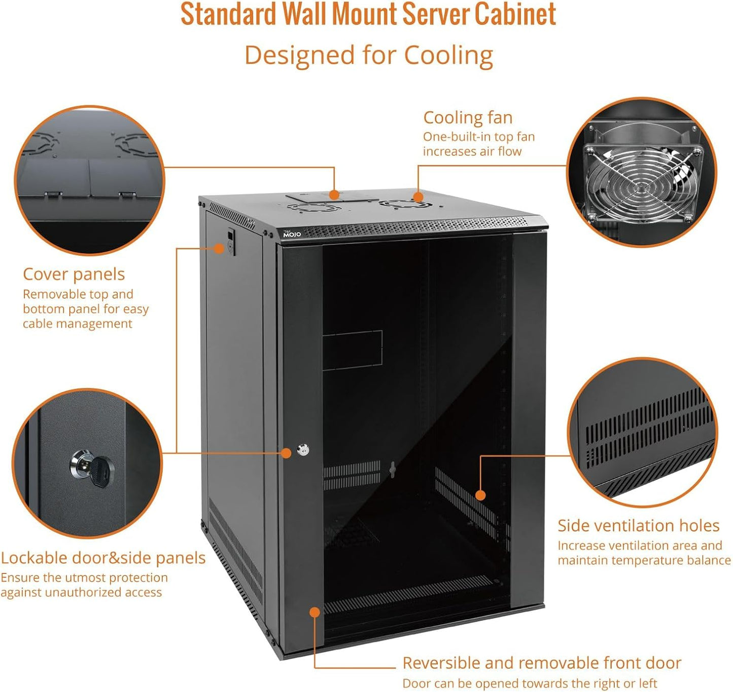 Tecmojo 18U Wall Mount Rack Network Cabinet for 19" IT Equipment,with Lockable Glass Door and Side Panels,Cooling Fan,Black,17.7inch Depth for AV/Computer/Electronics Equipment Data Rack