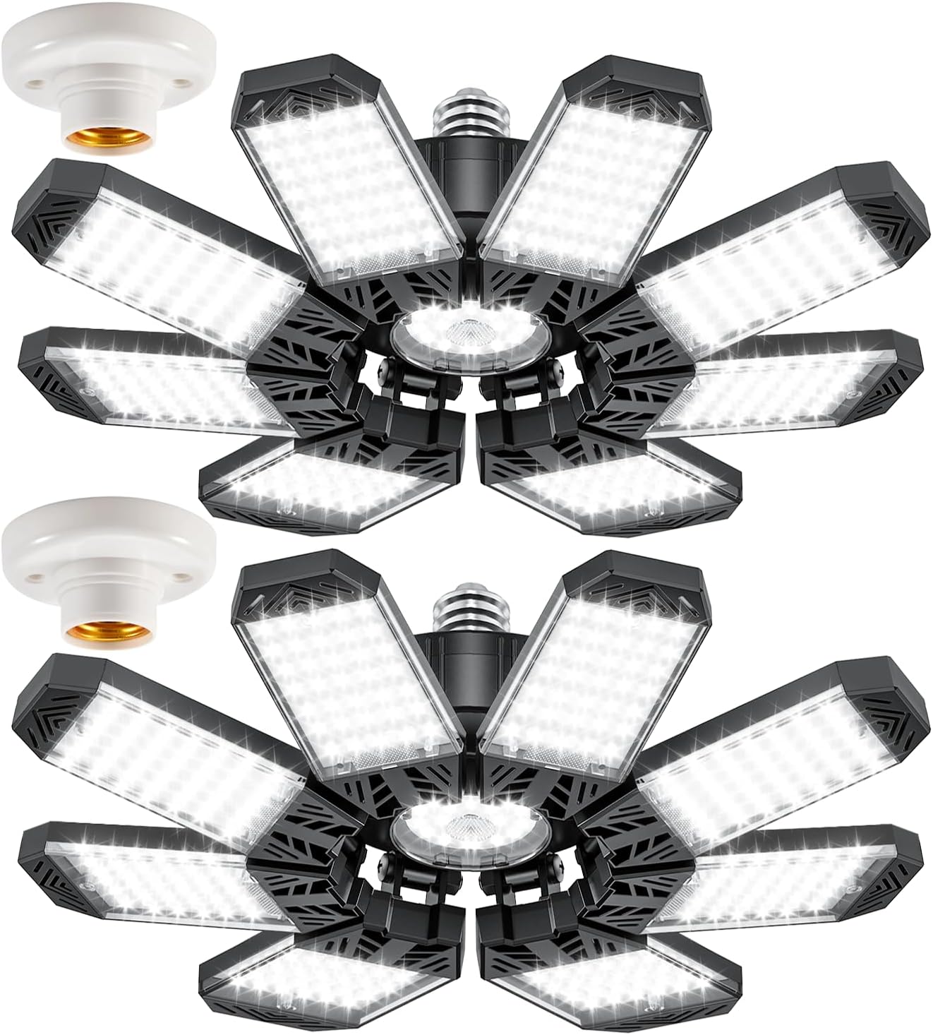ISKYDRAW LED Garage Lights 2 Pack, 260W 26000LM Bright Shop Light with 8+1 Deformable Panels, 6500K Garage Ceiling Light Screw Into E26 E27 Bulb Socket Bay Lighting for Workshop Basement Barn Attic