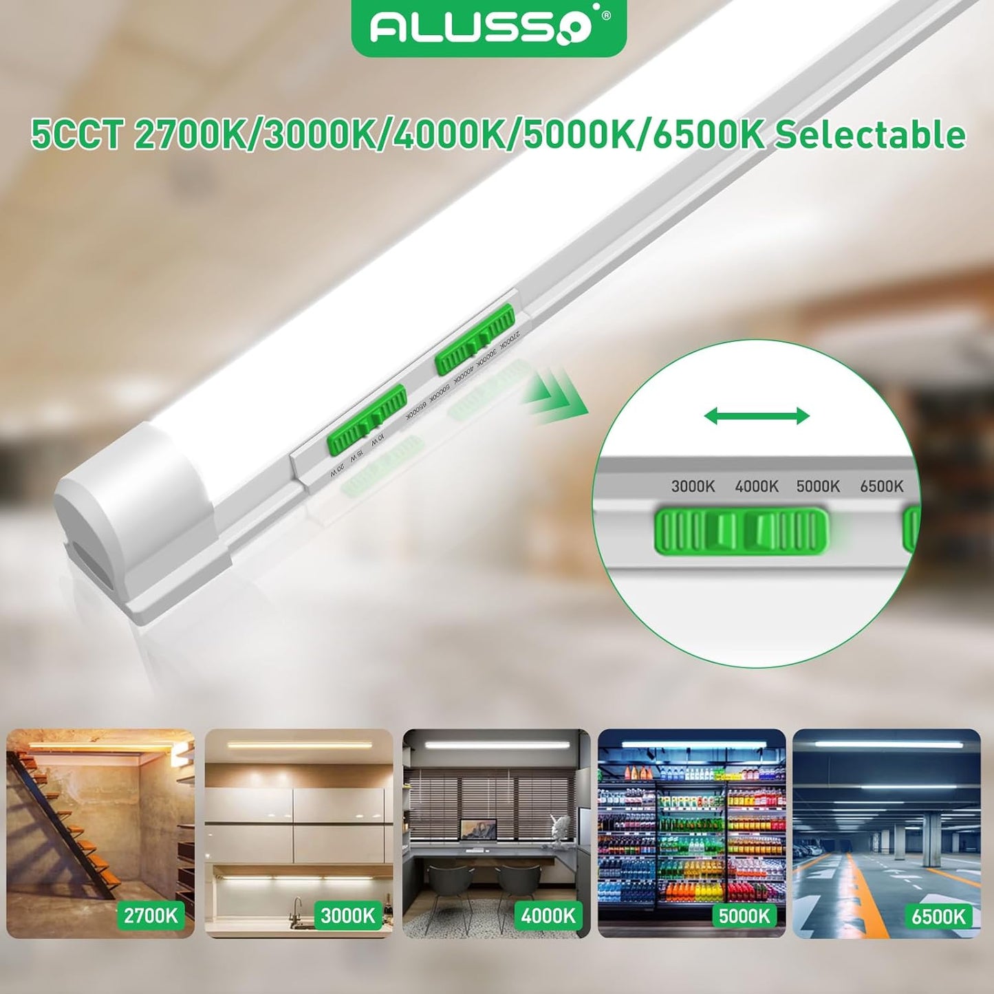 ALUSSO® 4FT LED Shop Lights with 5CCT Selectable for Garage Workshop,2700K/3000K/4000K/5000K/6500K,2100LM,T8 Adjustable Integrated Single Fixture,Corded Electric with ON/Off Switch,10 Pack (T8)