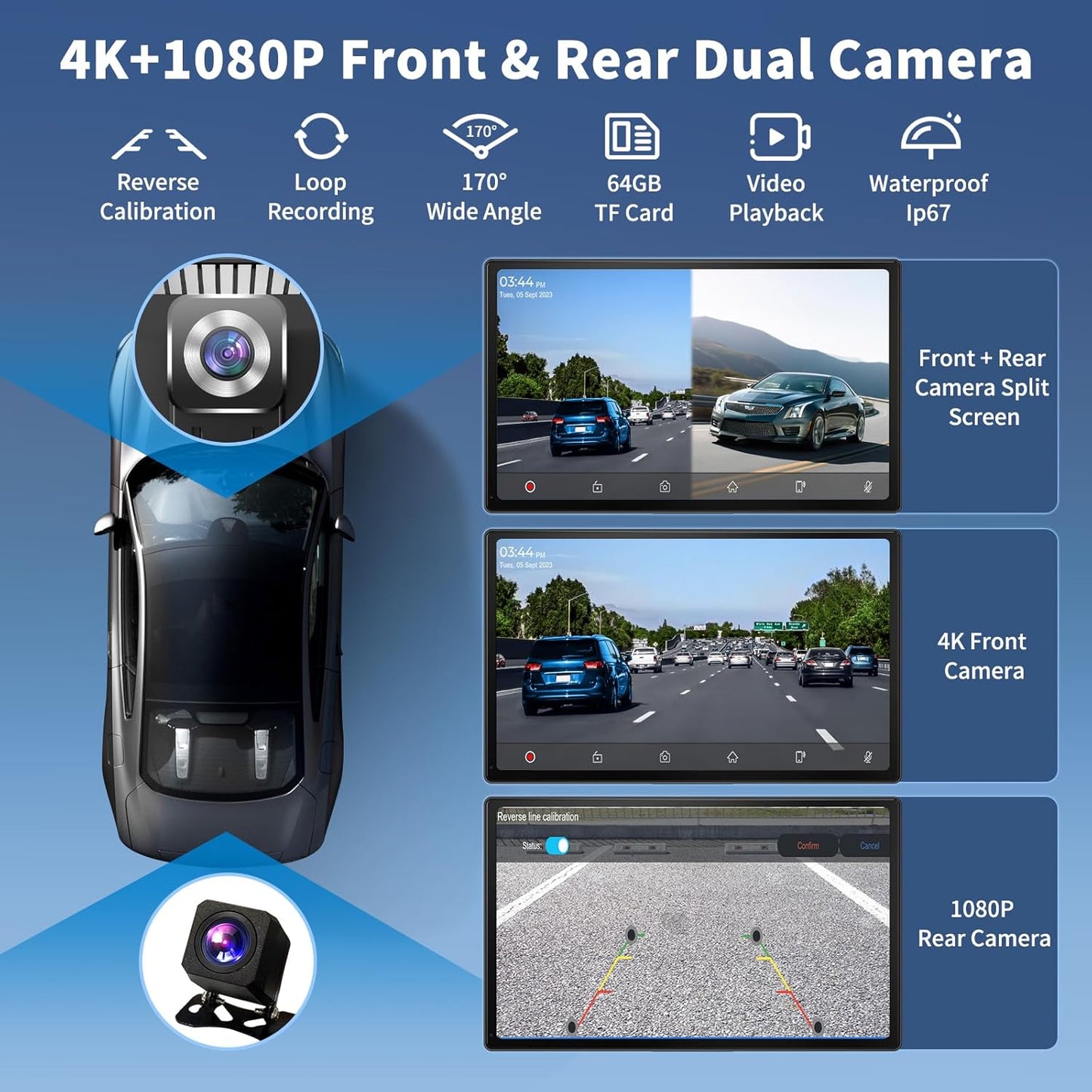 Carplay Screen for Car, 9" Portable Wireless Carplay Screen with 4K Dash Cam, 1080P Backup Camera, Car Stereo for Carplay & Android Auto GPS Navigation/Bluetooth/Mirror Link/Voice Control/AUX/FM/Siri