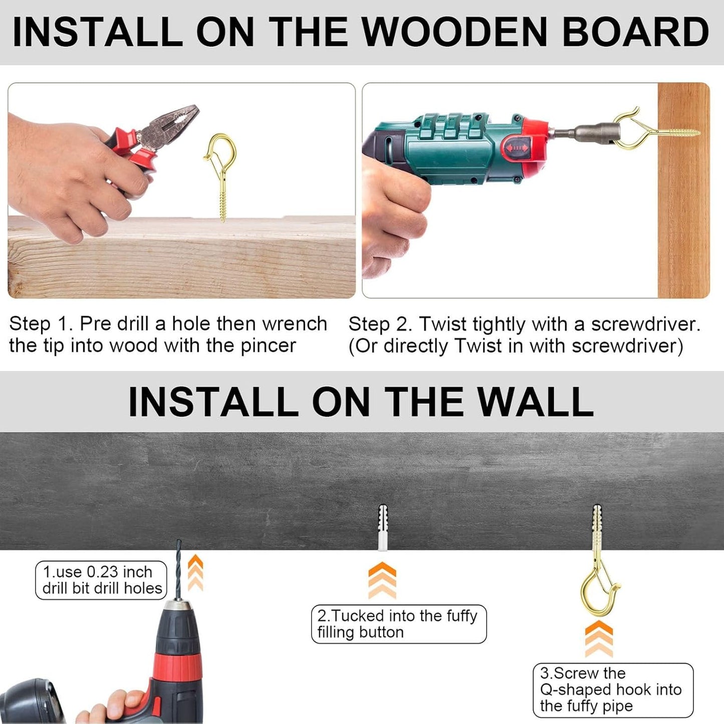 96 PCS Q-Hanger Hooks, Screw Hooks for Outdoor String Lights, Safety Buckle Design Cup Eye Hook for Hanging Christmas Lights, Plants, Mounted on Wall Ceiling, Include 1 Wing Nut Driver, Gold