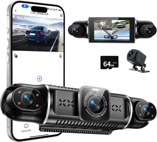 360°View 4 Channel Dash Cam, 2K+1080P Front and Rear Inside Left Right, Wireless Dash Camera for Cars, Built-in G-Sensor, IR Night Vision, 24H Parking Mode, 64GB SD Card, Loop Recording, APP Control