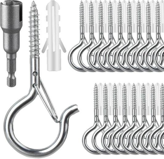 36 PCS Q-Hanger Hooks, Screw Hooks for Outdoor String Lights, Safety Buckle Design Cup Eye Hook for Hanging Christmas Lights, Plants, Mounted on Wall Ceiling, Include 1 Wing Nut Driver, Silver