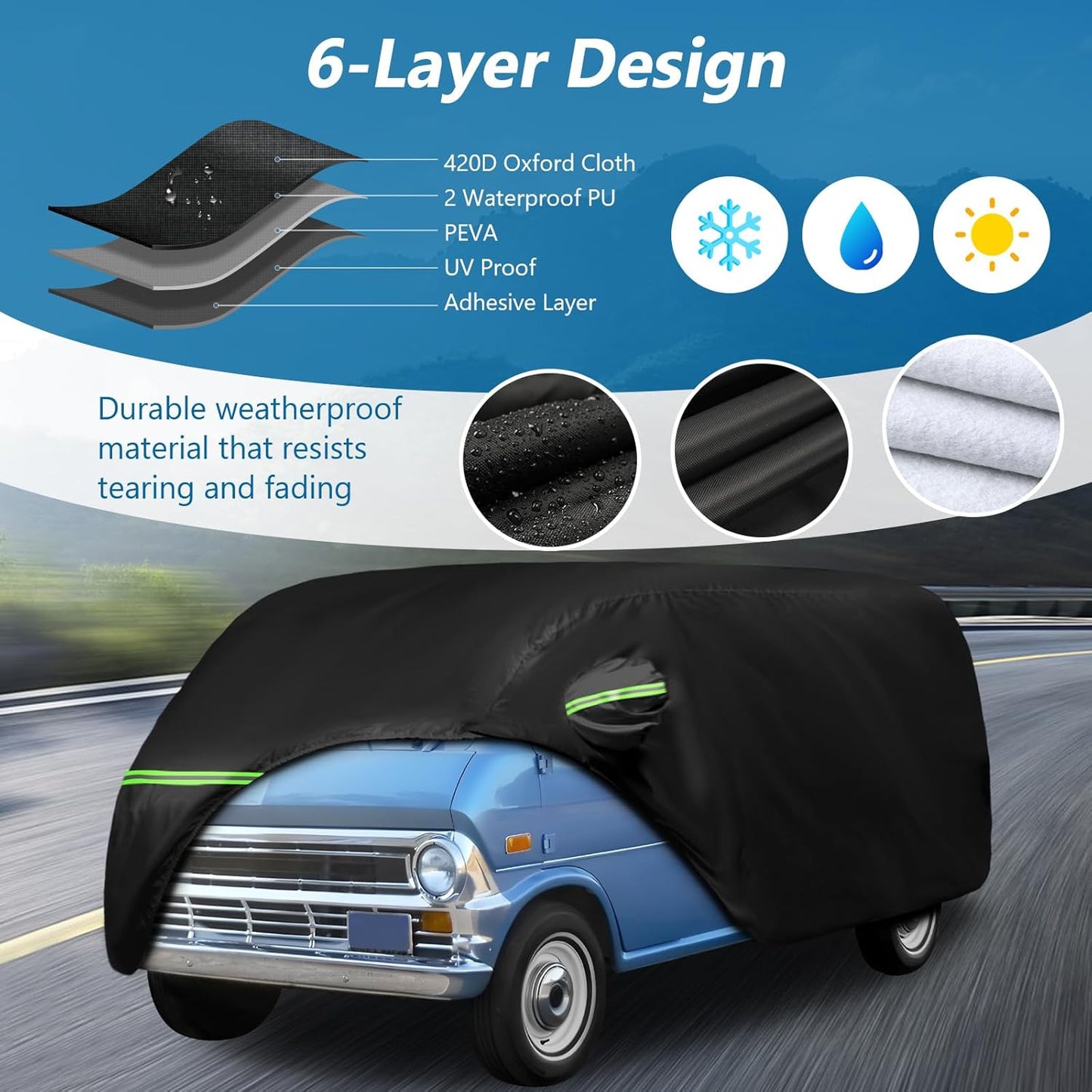 Waterproof Car Covers for 1961-1974 Falcon Club Wagon E-100,Econoline E-100 Van,420D Oxford Cloth Sun Heat Protection Outdoor Full Covers with Driver Side Zipper Windproof Heavy Duty All Weather