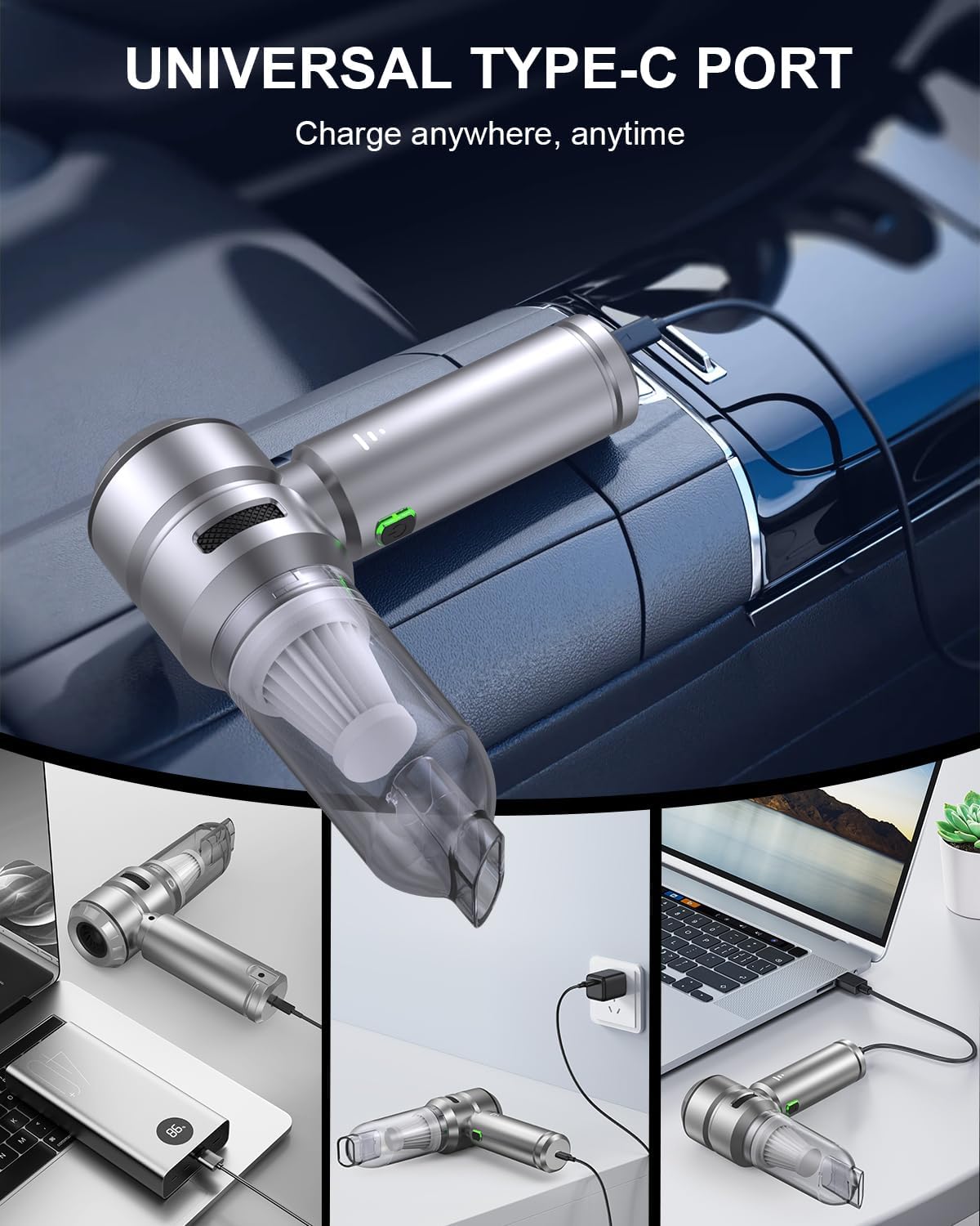 Car Vacuum,3 Suction Modes,Portable Mini Cordless Cleaner with 21000pa Suction Power,Type-C Charge,Handheld Vacuum for Home,Car, Office Desk, Keyboards(Mysterious Silver)