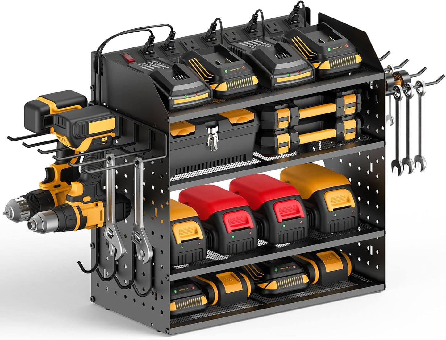 CCCEI Modular Desk Power Tools Organizer with Charging Station, 4 Layer Drills Battery Storage Wall Mount, Garage Shop Organization, Anniversary, Birthday, Gifts for Men, Father, Black, 6FT Cord.