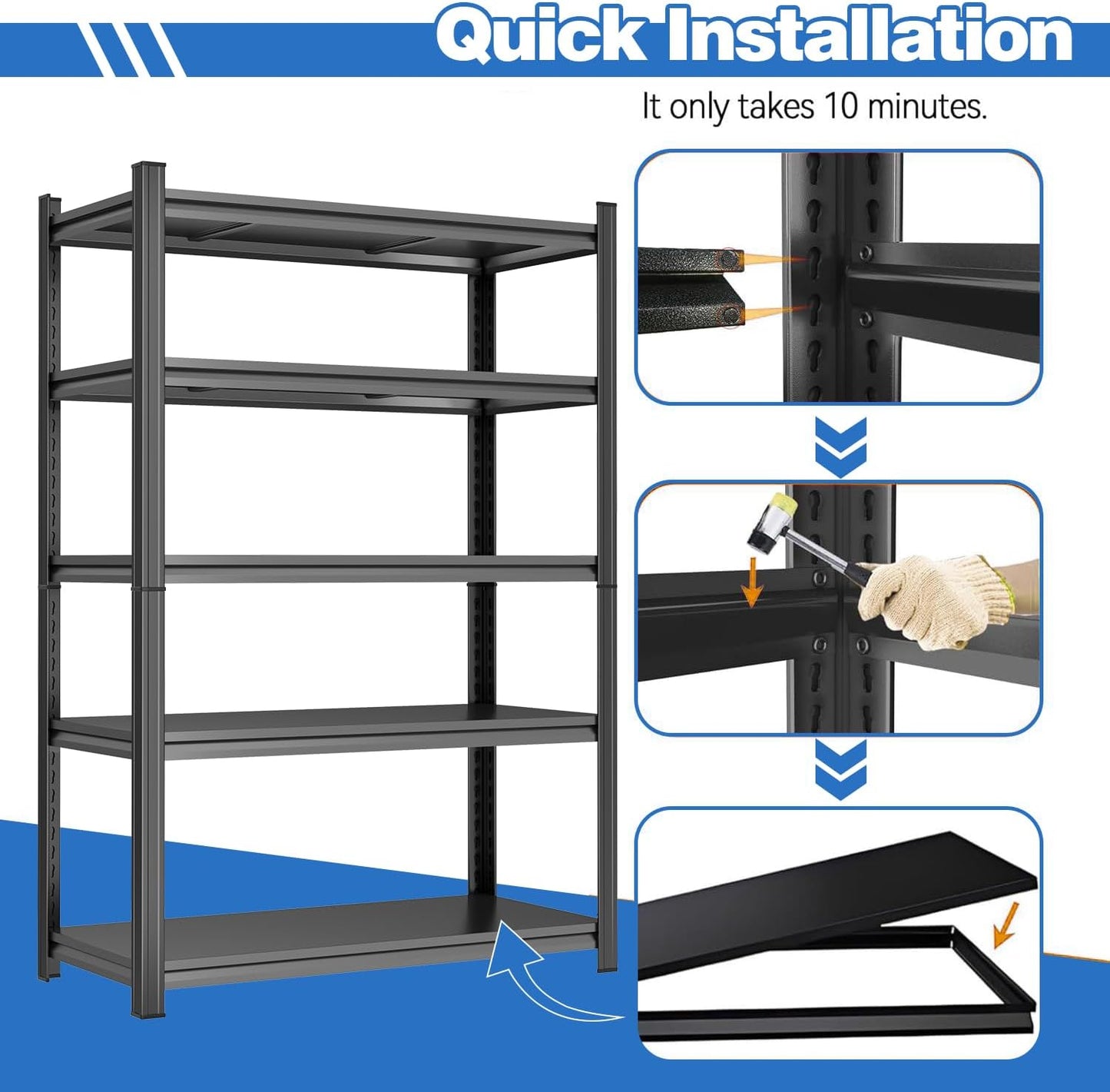 72" H Garage Shelving Adjustable Storage Shelves Metal Shelving Units 5-Tier Storage Shelves Heavy Duty for Basement, Commercial, Warehouse, Industrial, Black