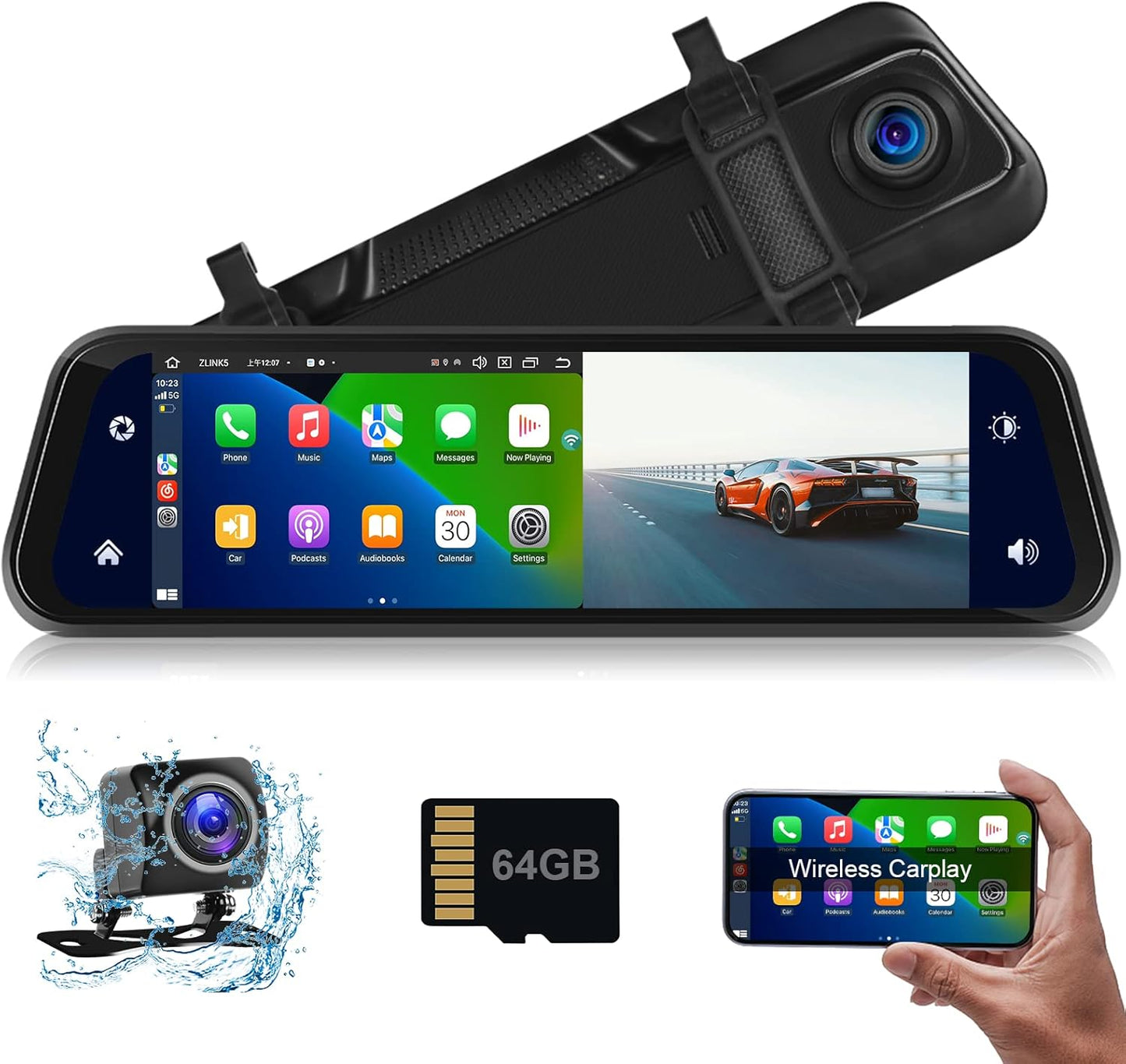 Car in-Mirror Mounted Dash Cam with Front & Rear View Camera Wireless Carplay Android Auto Car Driving Recorder with 9.66 Inch IPS Touchscreen Support DVR Voice Control Bluetooth Call FM Transmitter