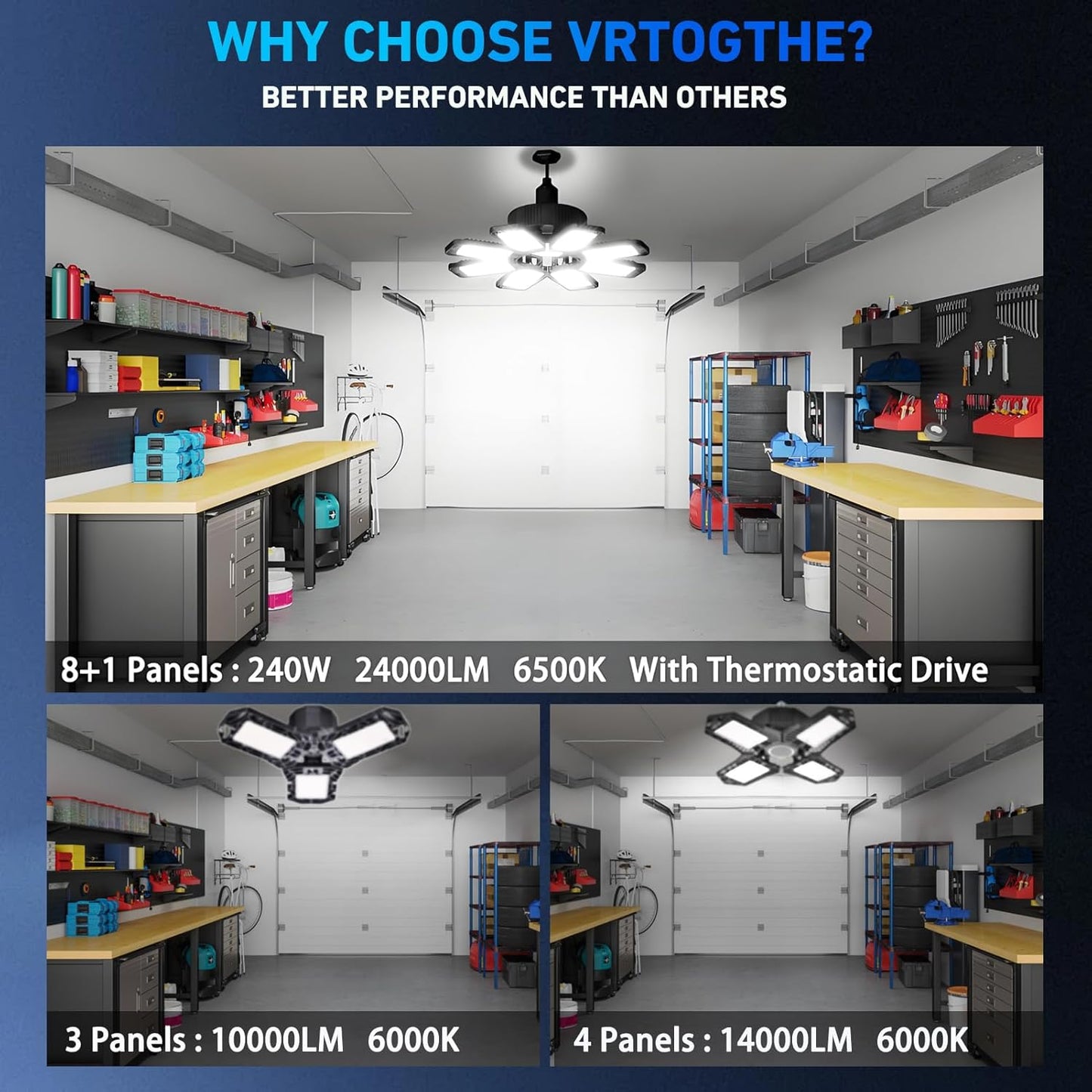 Garage Light 2 Pack - 240W 24000LM 6500K Garage Lights Ceiling LED with 8+1 Deformable Panels, E26/E27 Screw Socket in LED Shop Light for Workshop, Basement, Gym, Barn, Warehouse etc Bay Lighting