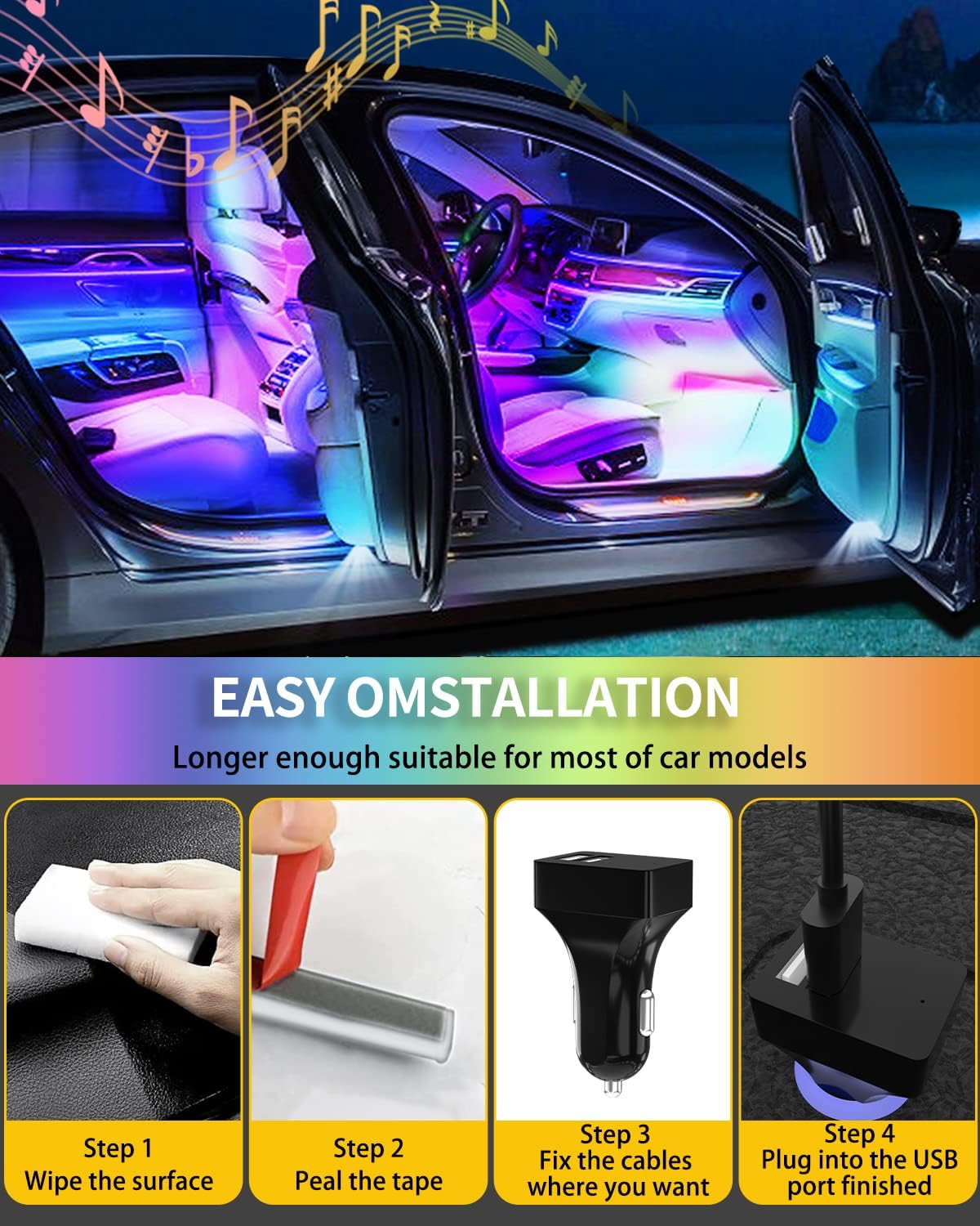 YM E-Bright RGB LED Strip Lights for Car App Control with Remote Led Lights car Interior with Charger Music Sync Under Dash Footwell Neon Lighting Kit w/USB Cable DC 12V