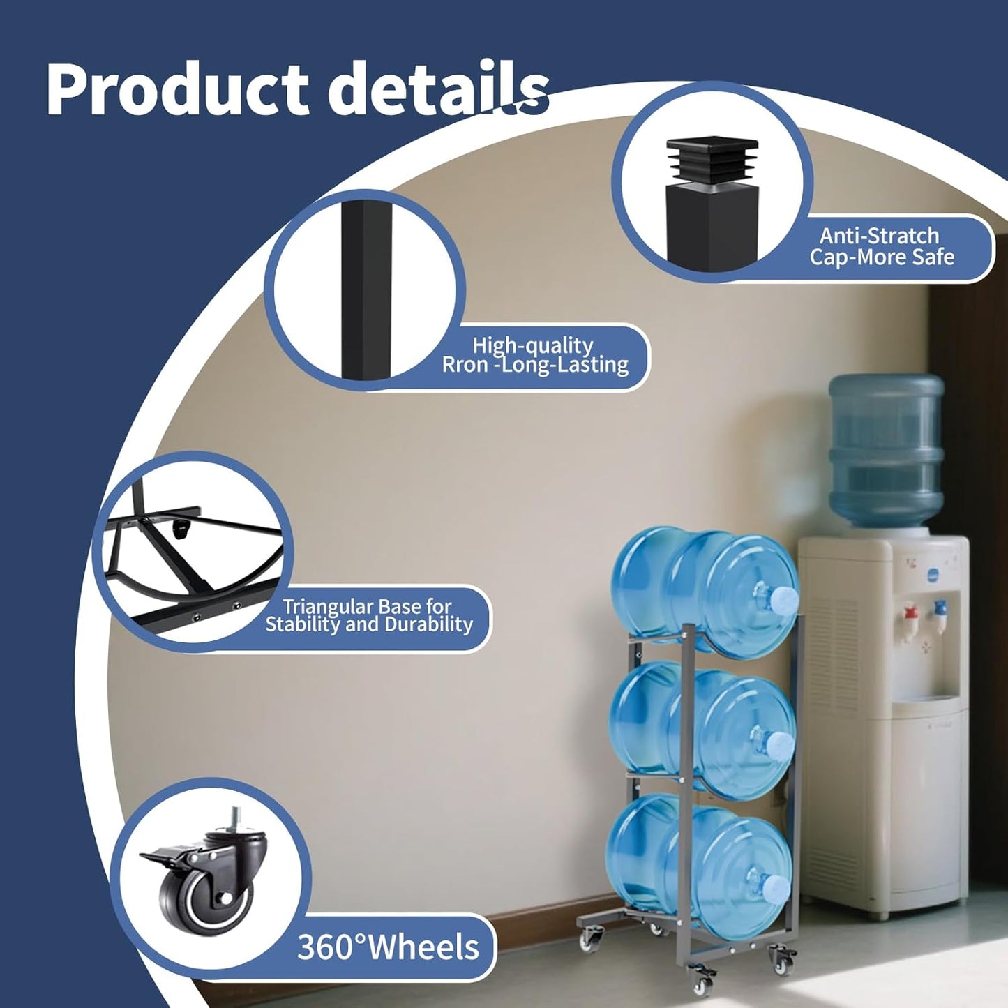 Water Jug Holder with 4 Wheels: 3 Tier Movable Gallon Bottle Storage Rack for Office Gym Garage - Black