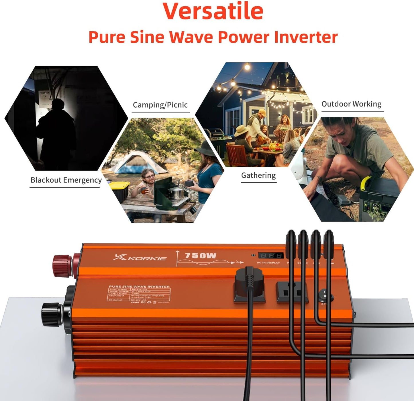 750W Pure Sine Wave Inverter, Car Power Inverter, 12V DC to 110V AC Power Converter, Emergency Power Inverter with Type-C, Dual 5.2V/2.4A USB, 3AC Outlets for Home,Camping, RV, Truck, Vehicles