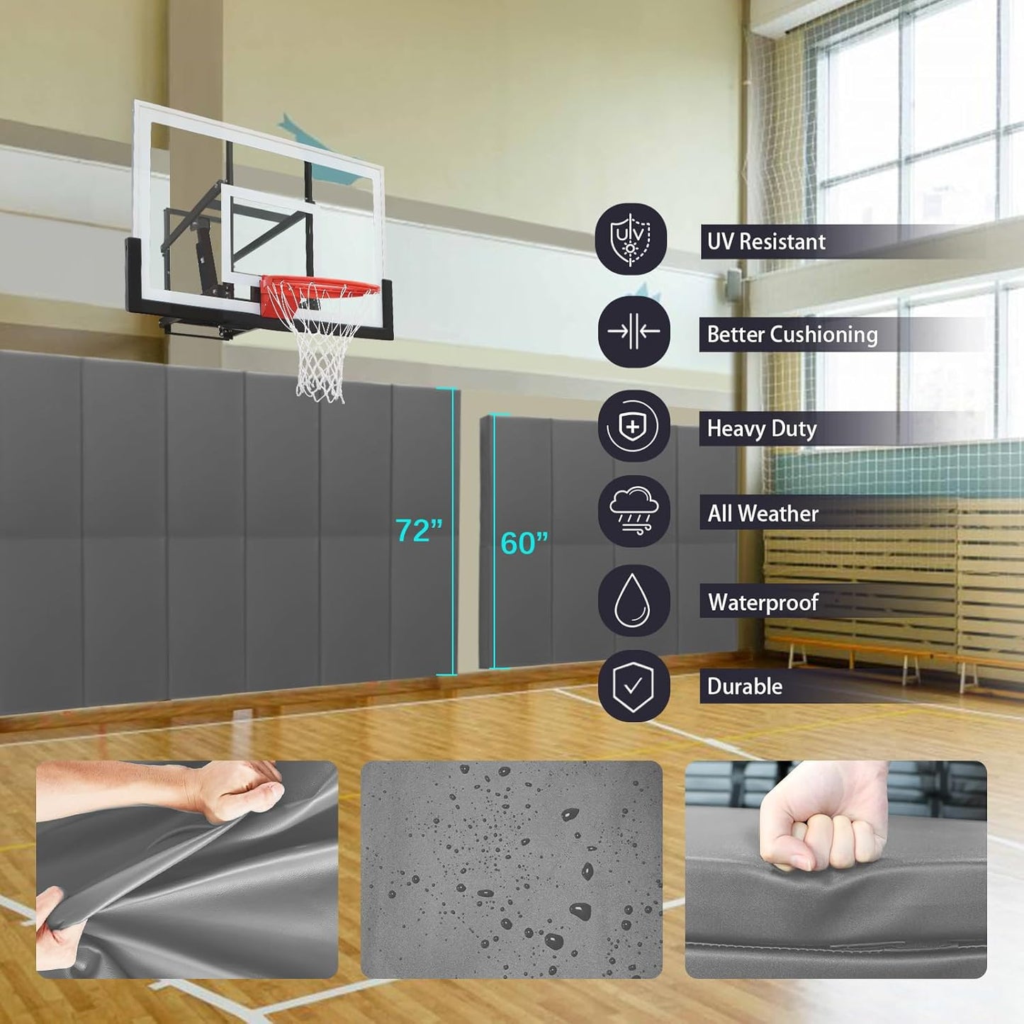 PROGOAL 60"/72" High Gym Wall Padding 2"/4" Thick Foam Basketball Court Wall Mount Protector for Garage Taekwondo Babyroom - Durable Waterproof Anti-Cushion