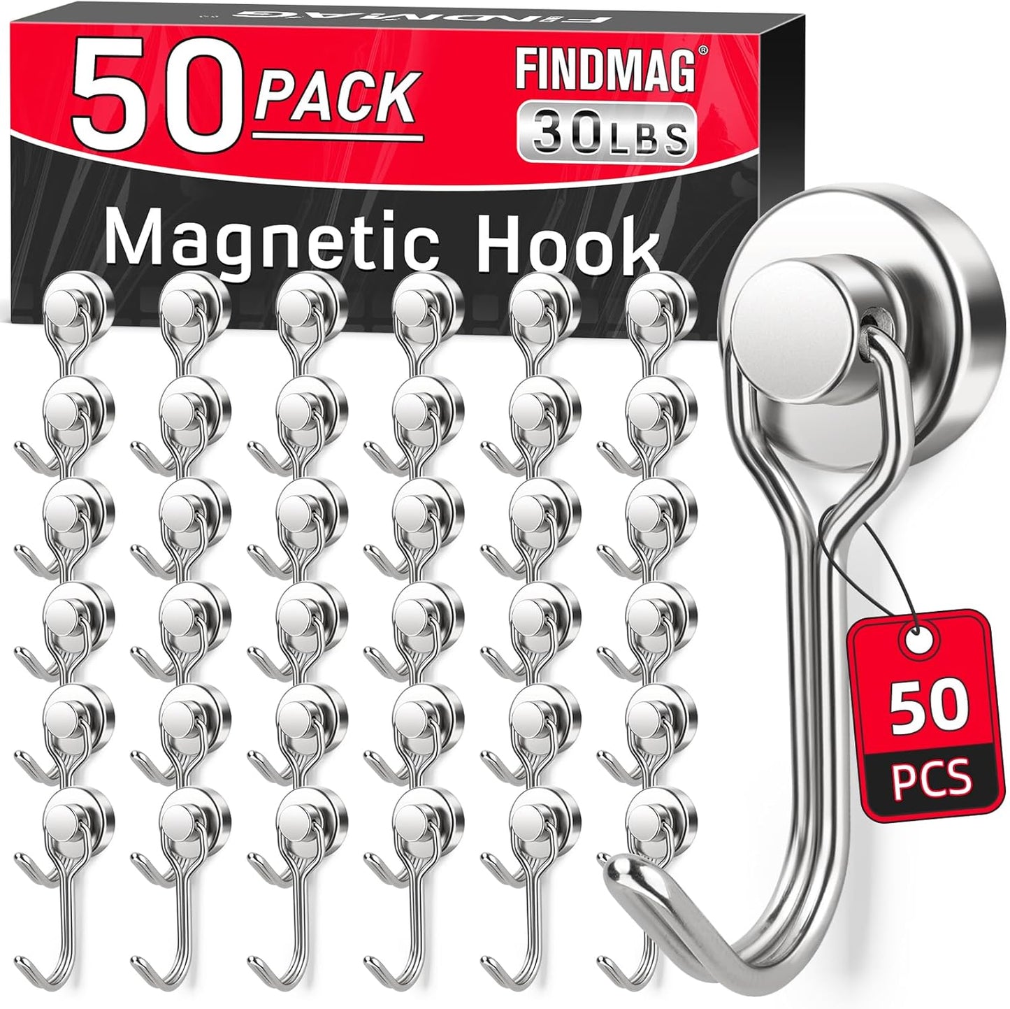 FINDMAG 50 Pack Magnetic Hooks, 30 LB+ Magnet Hooks for Refrigerator, Strong Neodymium Magnets with Hooks, Magnetic Hooks Heavy Duty for Cruise, Kitchen, Classroom, Beach Essentials, Silver
