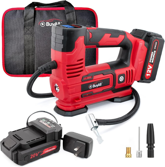 Tire Inflator Portable Air Compressor, 20V Cordless Car Tire Pump w/Rechargeable Li-ion Battery, 12V Car Power Adapter, Digital Pressure Gauge, 150PSI Tire Compressor for Many Inflatables