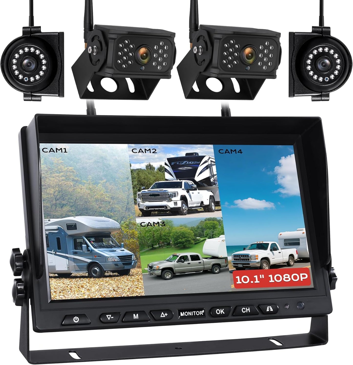 10.1" Wireless RV Backup Camera System, 2 Rear Cameras & 2 Side Cameras for Reversing/Monitoring Trailer Truck Pickup Camper, 1080P DVR Monitor, IP69K Waterproof IR Night Vision Camera, WN4