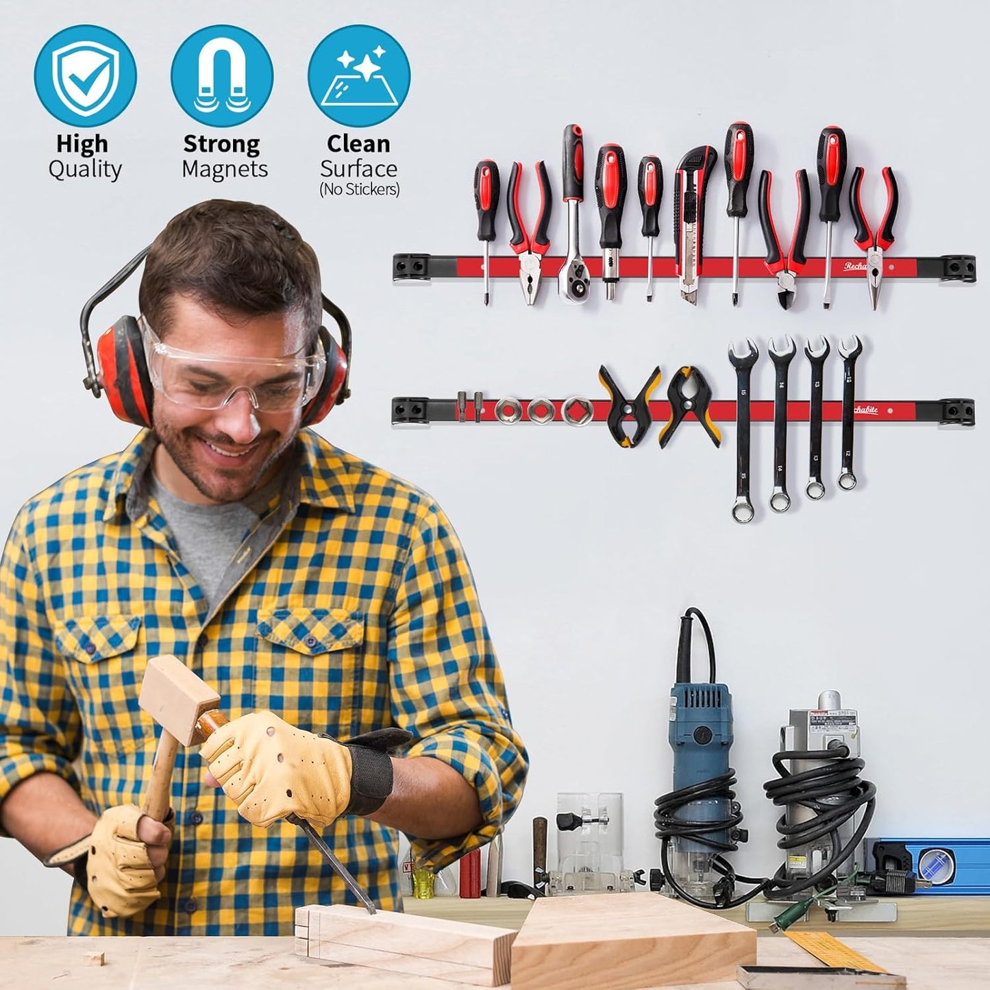 4 Pieces 24" Magnetic Tool Holder Strip, Red Magnet Bar, Metal Tool Organizer Rack for Garage Organization, Easy To Install in Workshop, Mounting Screws Included