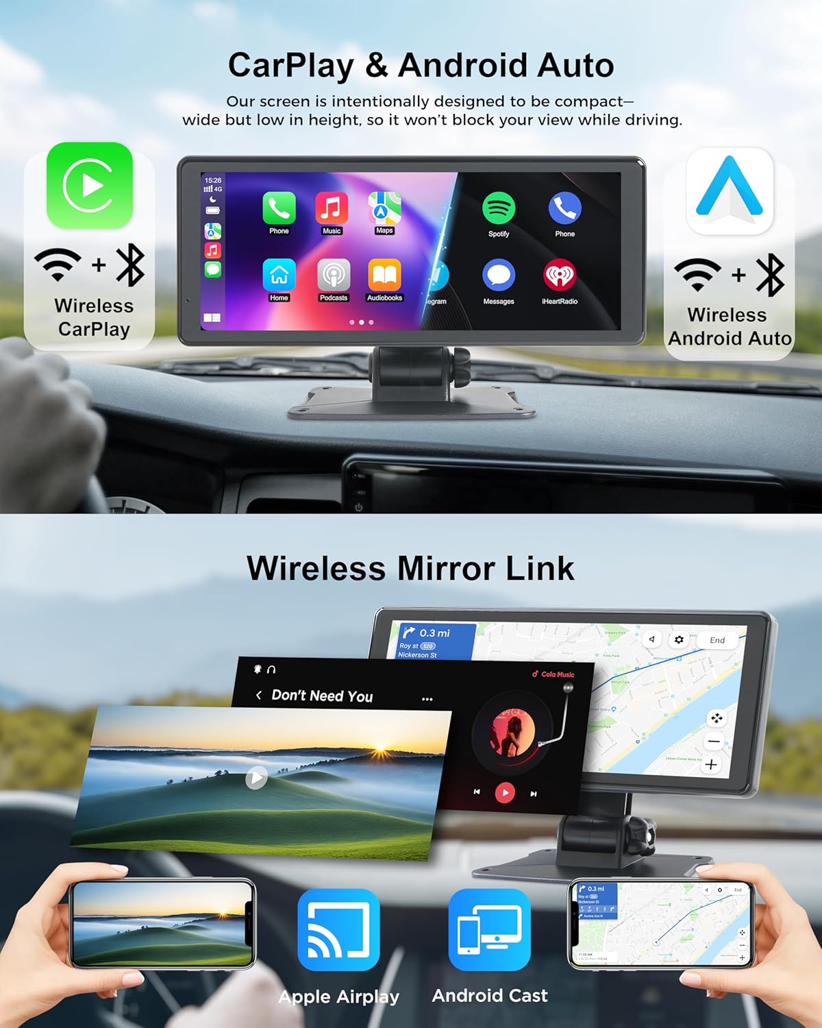 Wireless Car Stereo Carplay Screen with 4K Dash Cam, 8.1'' Portable 2K Touch Screen with 1080P Backup Camera, GPS Navigation for Car Play, Android Auto, Voice Control, Mirror Link, DVR, Bluetooth