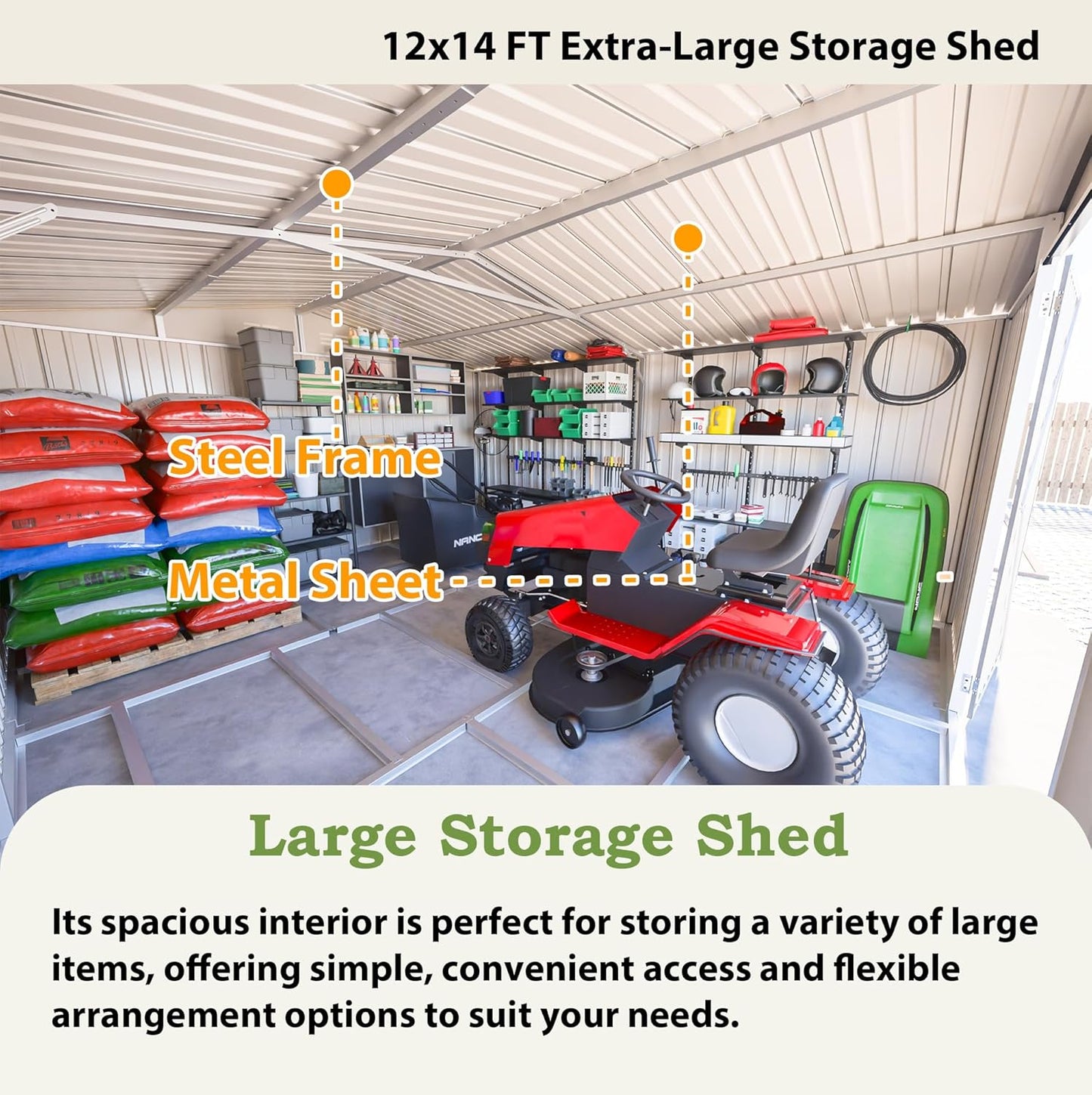 Outdoor Storage Shed, 12 X 14ft Metal Galvanized Steel Garden Shed with Floor Frame, Utility Tool Shed Storage House with Window for Backyard, Patio, Lawn