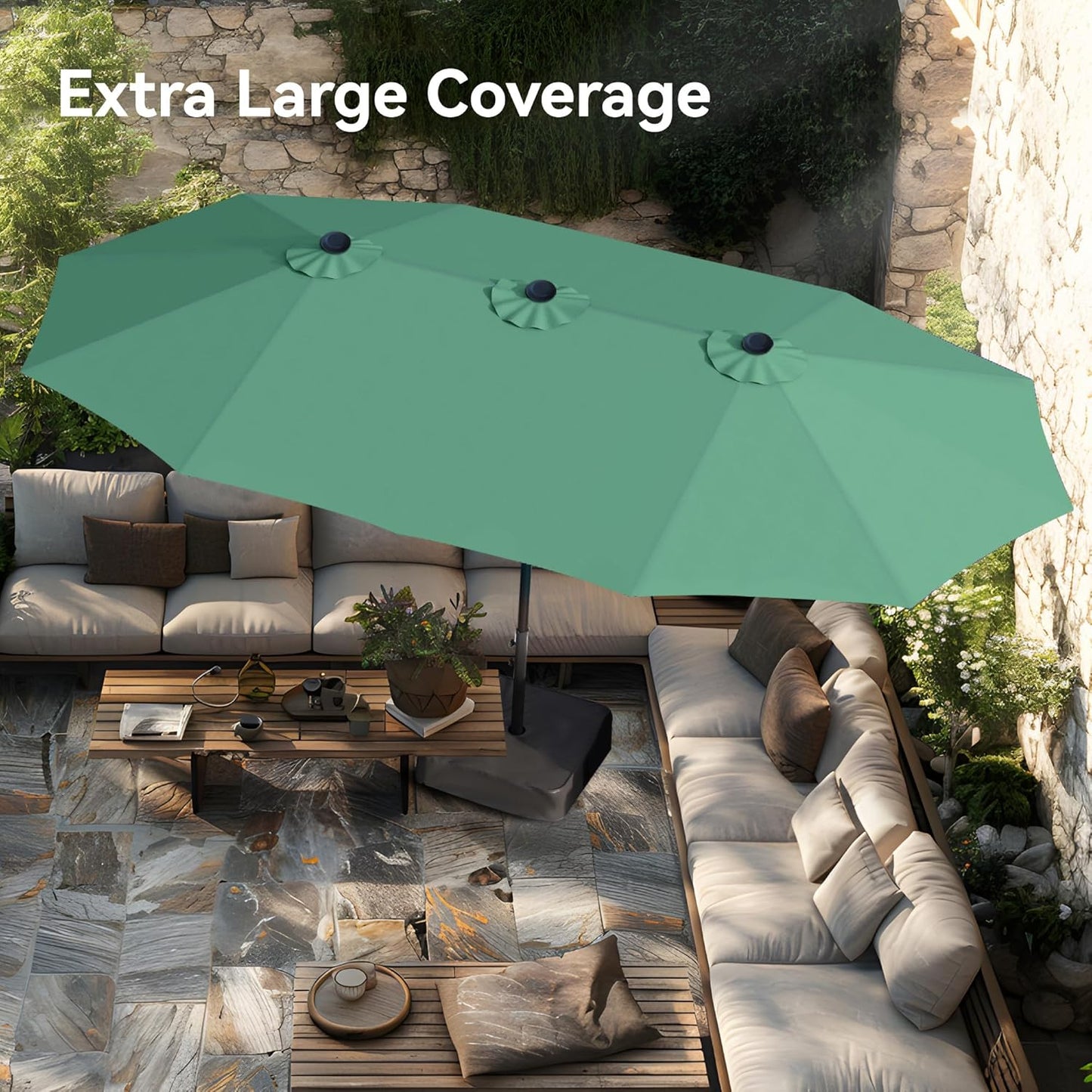 PHI VILLA 15ft Large Patio Umbrellas with Base, Outdoor Double-Sided Rectangle Market Umbrella for Pool Lawn Garden, Mint Green