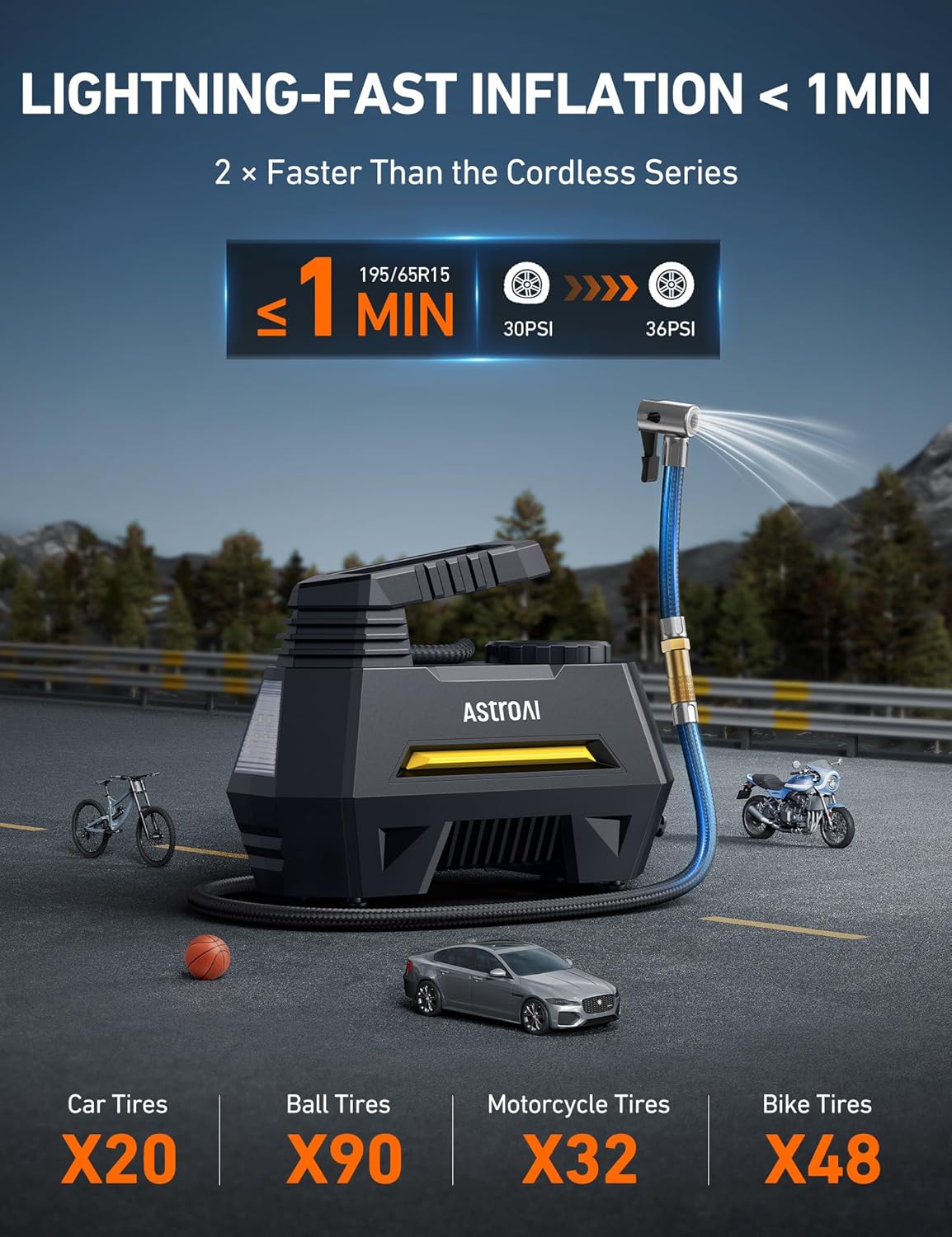 AstroAI Tire Inflator Portable Air Compressor Air Pump for Car Tires-Car Accessories, 9.8Ft Cord-12V DC-Powered Auto Pump with Digital Pressure Gauge, Emergency LED Light for Bicycle, Balloons, Yellow