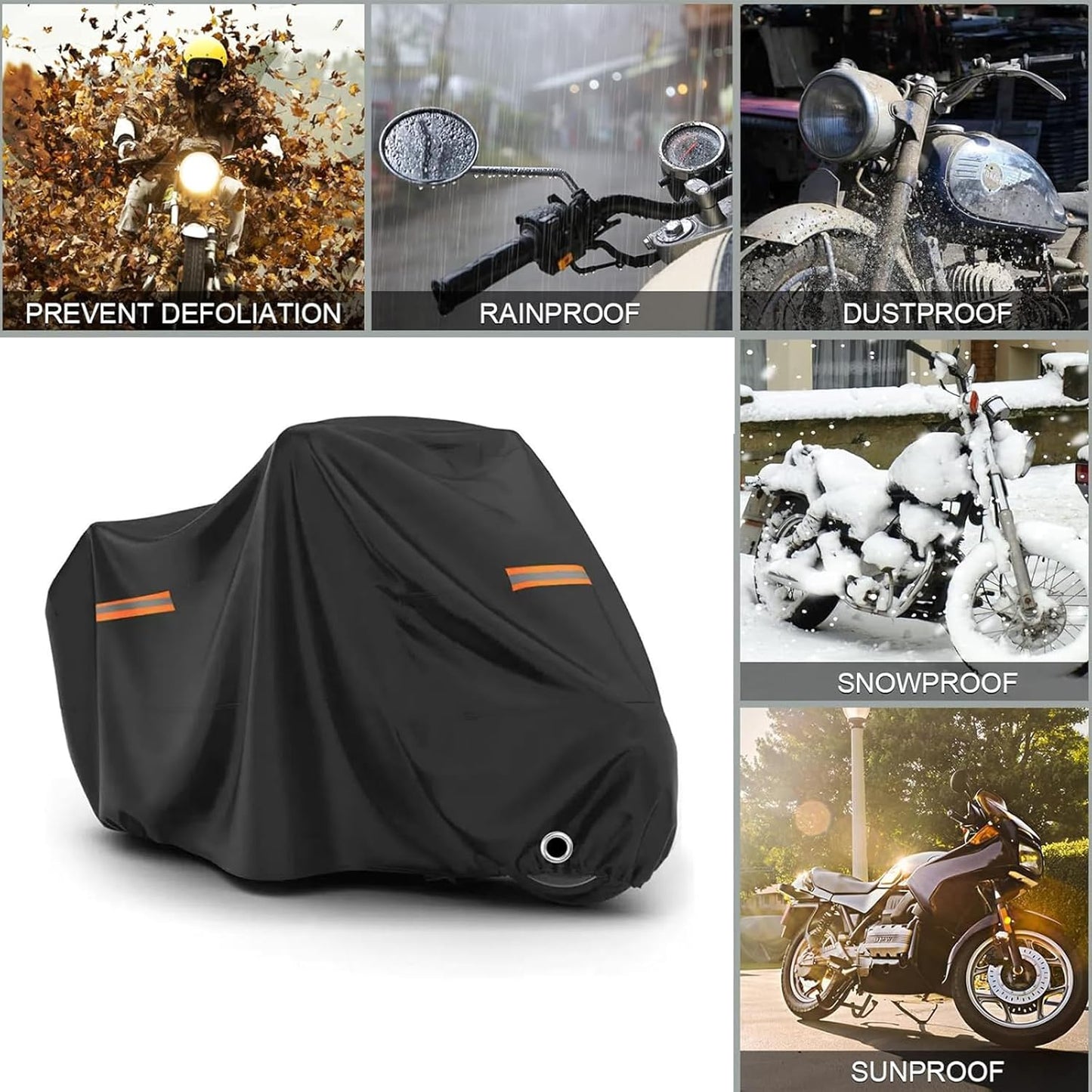 Motorcycle Cover, 210D Oxford Cloth, with Reflective Stripes, Waterproof Outdoor Protection, All-Weather Universal car Cover, with Lock Holes and Storage Bag. (All Black, 104")