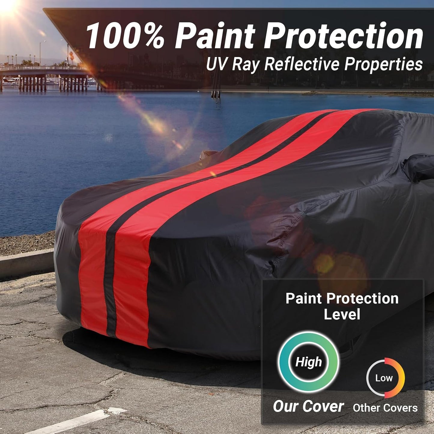 iCarCover Custom Car Cover for Pontiac 6000 Wagon (1984-1991) Waterproof All-Weather Rain Snow UV Sun Protector Full Exterior Indoor Outdoor Car Cover (Stripe - Black/Red)