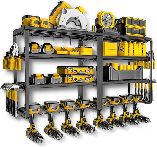 Power Tool Organizer, 15 Min Quick Assembly & Max 420lbs load by Heavy Duty Metal, 4 shelves 8 Slots for Cordless Drill in Garage/Workshop/Pegboard/Shed Suitable for Father's Day