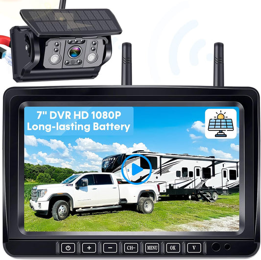 Wireless RV Backup Camera 7-inch for Trailer: Easy Setup Solar RV Rear View Camera with Recording - 4 Channels Strong Magnetic HD 1080P Long-Battery Life for Camper, Truck, Fifth Wheel