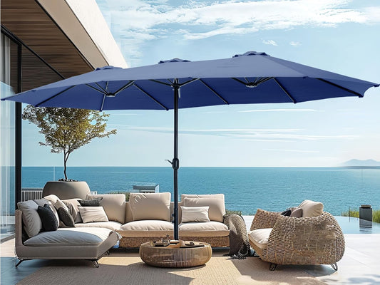 PHI VILLA 15ft Large Patio Umbrellas with Base, Outdoor Double-Sided Rectangle Market Umbrella for Pool Lawn Garden, Haze Blue