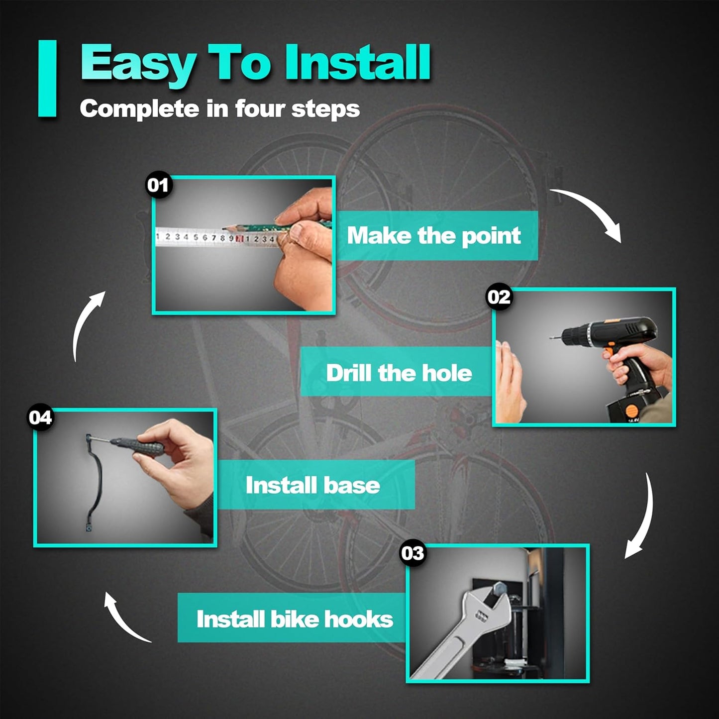 Swivel Bike Wall Mount- 4 Pack Garage Wall Mount Hangers, Space-Saving Swivel Design for Bikes, load capacity up to 66 lbs for garage or indoor storage and organization