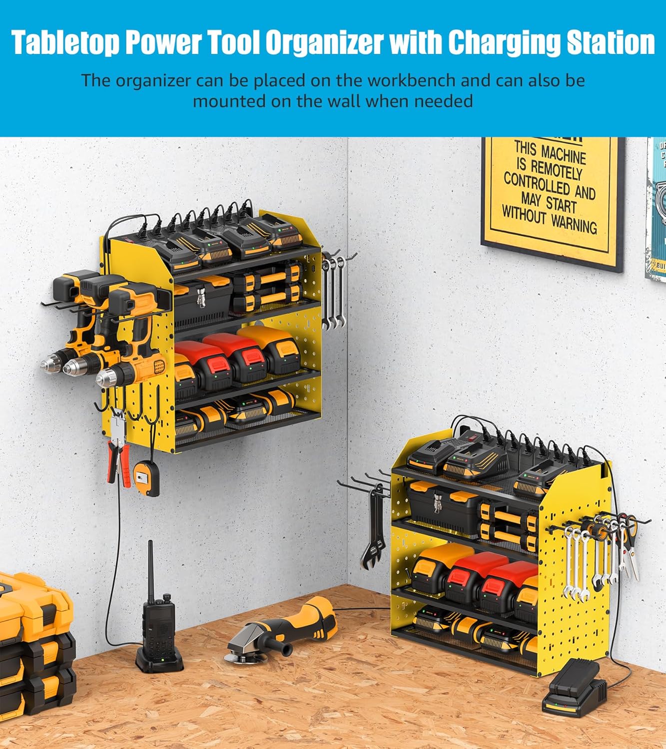CCCEI Modular Desk Power Tools Organizer with Charging Station, 4 Layer Drills Battery Storage Wall Mount, Garage Shop Organization, Anniversary, Birthday, Gifts for Men, Father, Yellow, 6FT Cord.