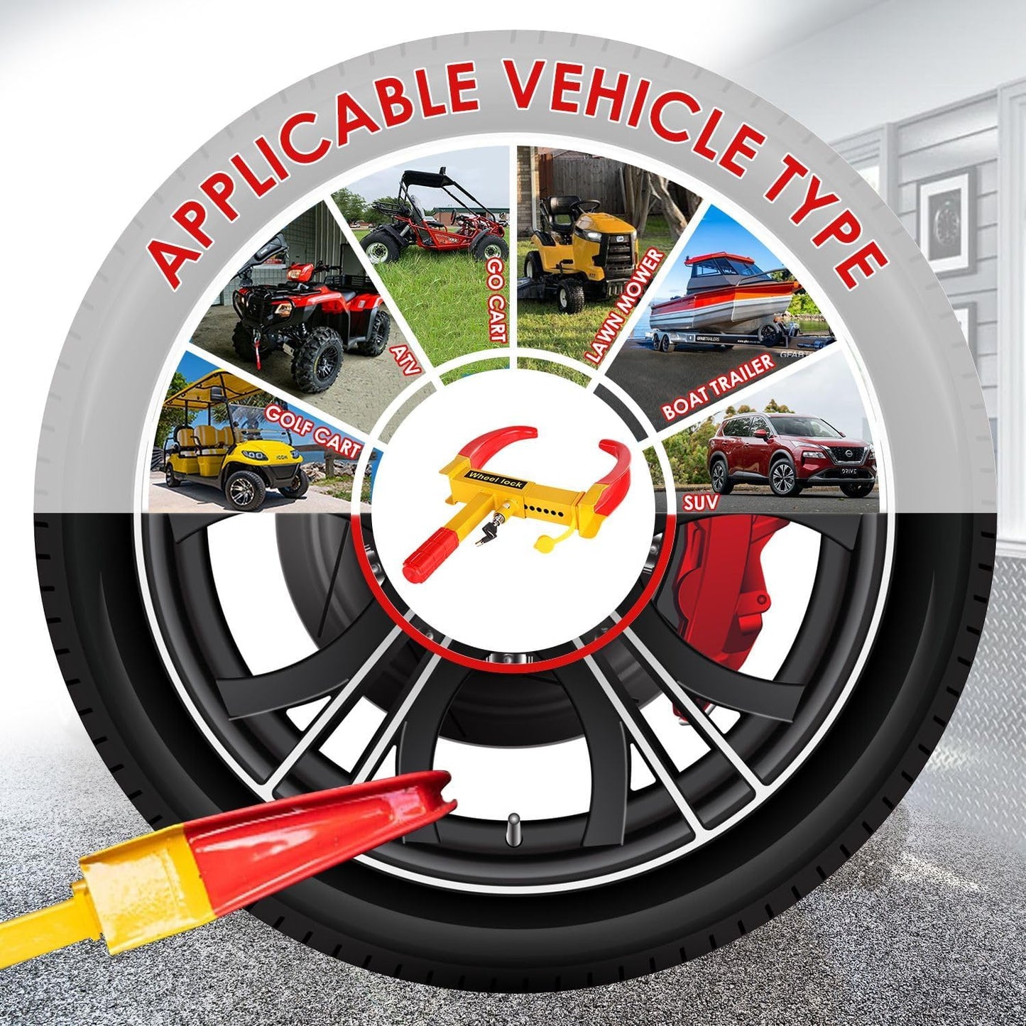 Flexzion Trailer Wheel Lock Anti Theft Wheel Clamp Lock - Heavy Duty Adjustable Tire Boot Lock for Trailer with Keys, Red & Yellow Universal Wheel Clamp for Cars, Golf Carts, Boats, Scooters