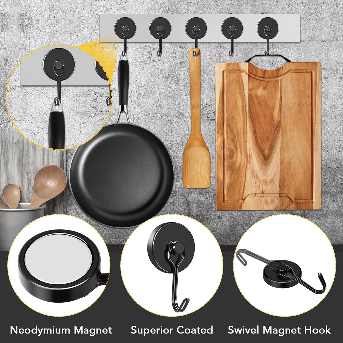 MIKEDE Magnetic Hooks, 110LB Heavy Duty Neodymium Black Magnet Hooks, Strong Swivel Magnetic Hooks Rust Proof for Indoor Outdoor Hangers Hanging, Fridge, Garage, Cruise, 6 Pack