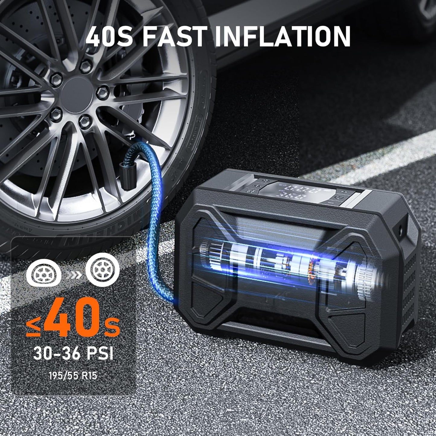 Tire Inflator Portable Air Compressor, 150 PSI Cordless Tire Pump for Car Tire 12V DC Dual Power Battery Tire Inflator Air Pump with Pressure Gauge LED Light for Car, Motorcycle, Bike, Ball