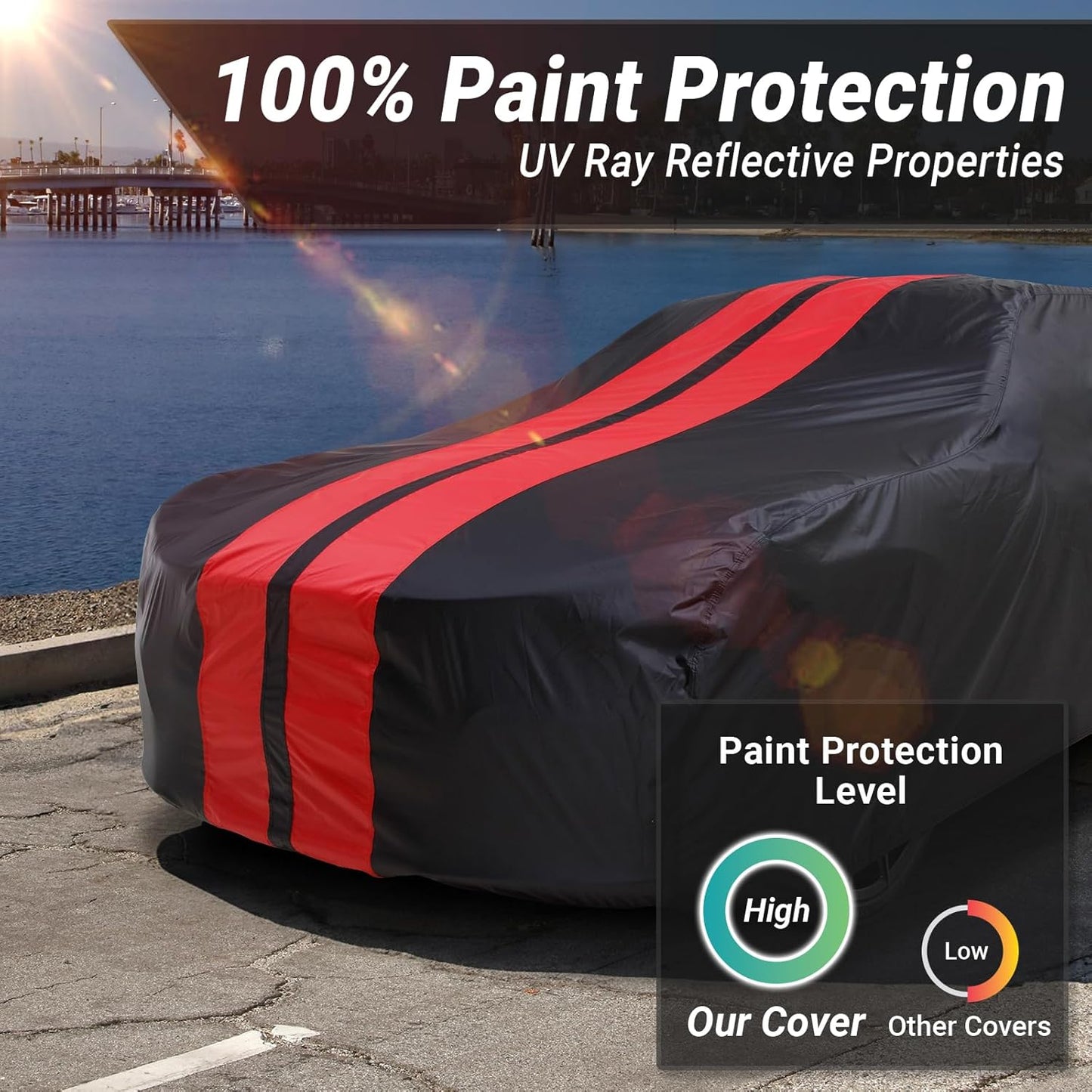 iCarCover Custom Car Cover for Pontiac Astre 2-Door, 4-Door (1975-1977) Waterproof All-Weather Rain Snow UV Sun Protector Full Exterior Indoor Outdoor Car Cover (Stripe - Black/Red)