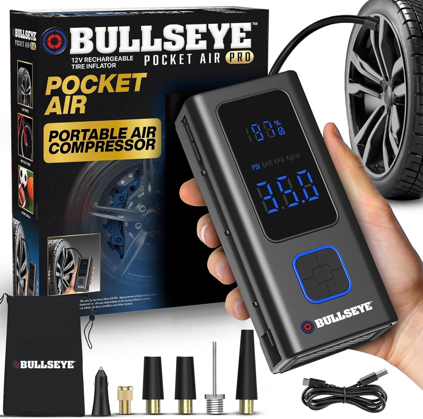 POCKET AIR PRO Tire Inflator Portable Air Compressor by Bullseye Pro for Tires, Balls, Bike with Persta Valve, Auto Shut Off, Inflates in 2 Min, Cordless Rechargeable 6000MAH,150 PSI, SoS Light
