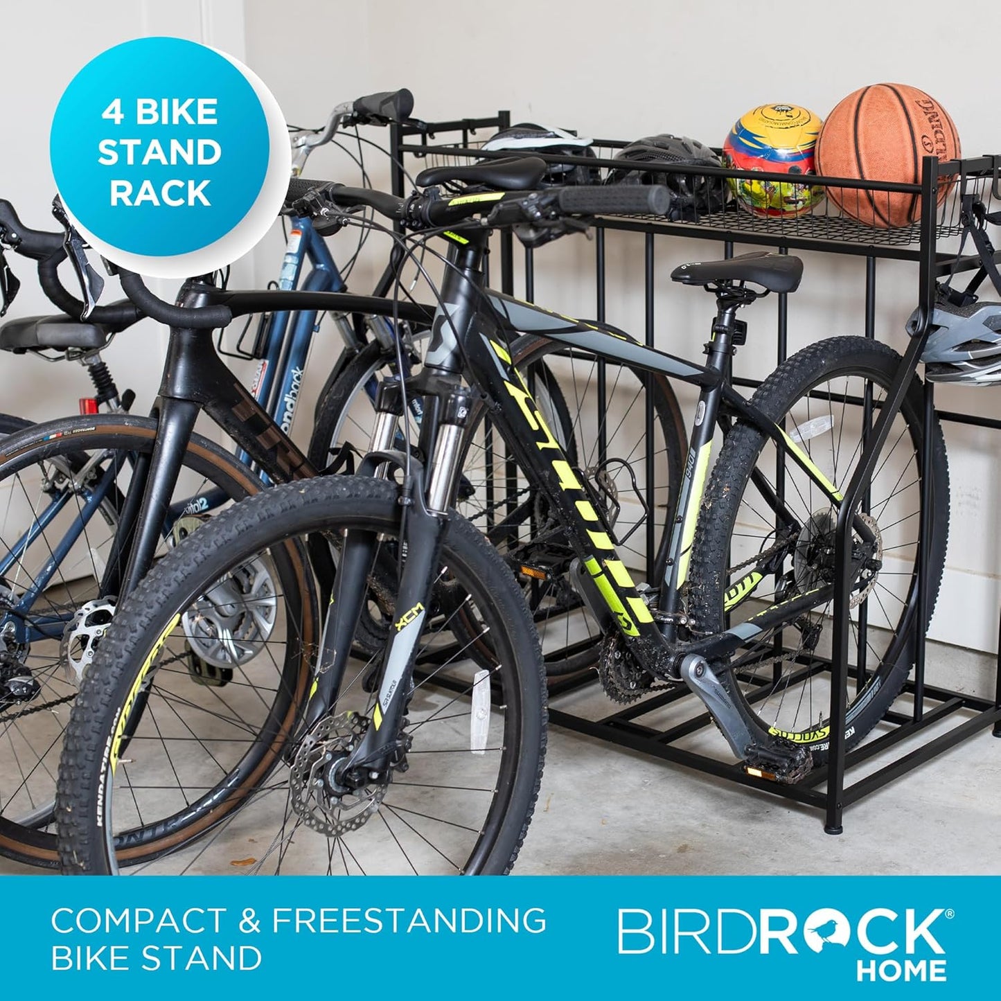 BIRDROCK HOME Bike Rack Garage Storage Floor Stand - Freestanding Organizer for Outdoor Yard - Upright Wall Mount for Scooters, Rakes, Motorcycles, Hoverboards, Gloves - Holds 4 Bicycle - Black