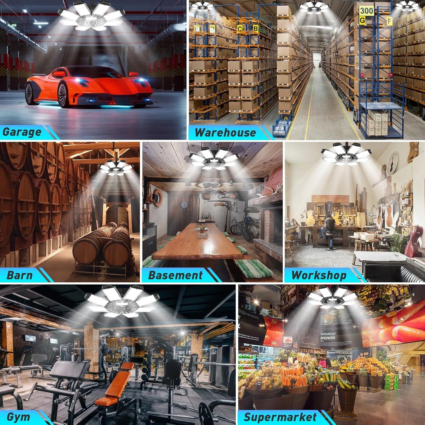 ISKYDRAW Garage Lights 6 Pack, 260W 26000LM Bright LED Garage Light with 8+1 Foldable Panels, Ceiling Basement Lights Screw in E26 E27 Socket Shop Bay Lighting for Workshop, Barn, Warehouse