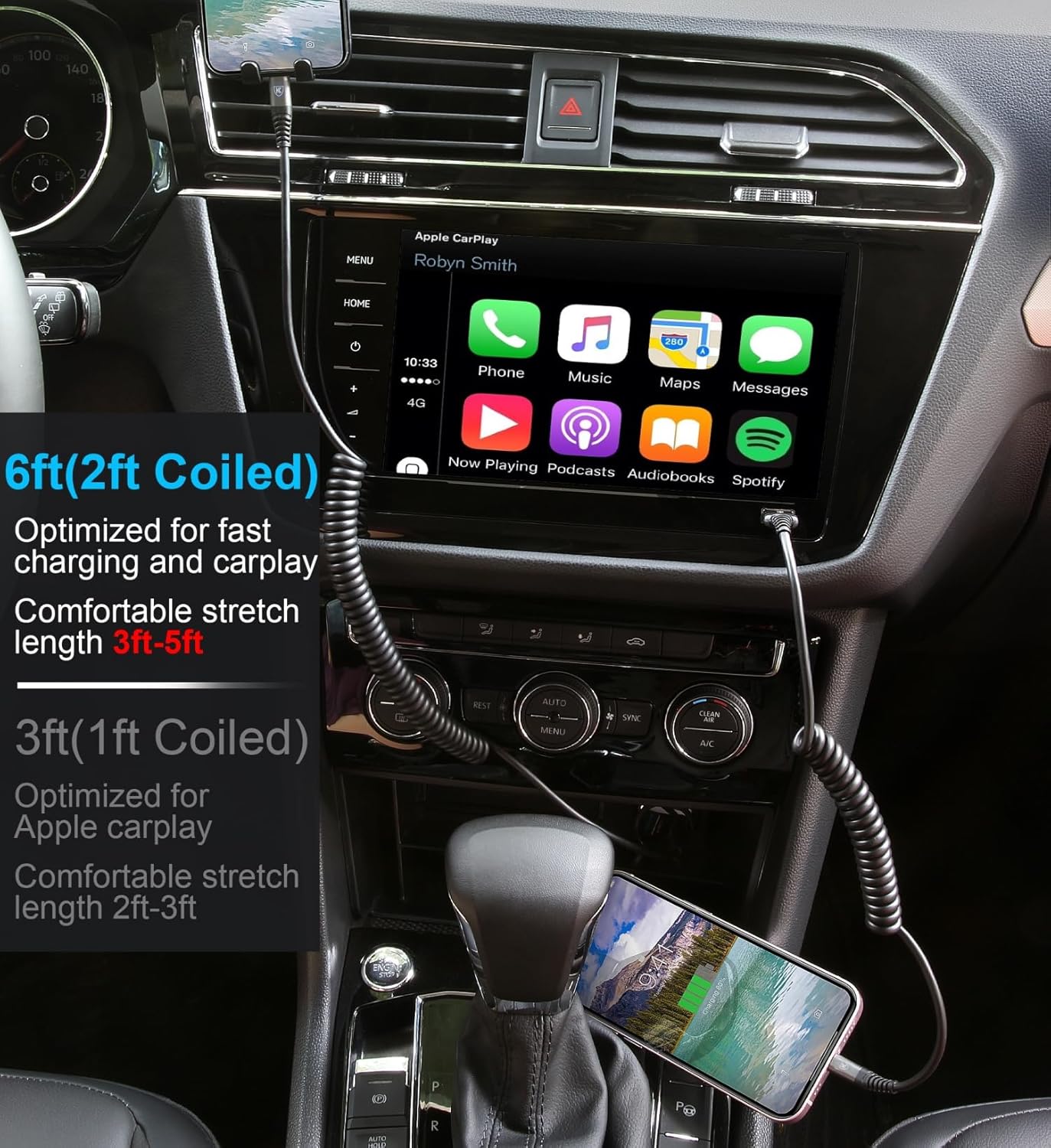 iPhone Charger Cable 6FT for Car, Coiled Lightning Cable [Apple MFi Certified] 2 Pack 6 Feet Lightning Cord Compatible with iPhone14 13/12/11 Pro Max/XS MAX/XR/XS/X/8/7/Plus/6S iPad/iPod - Black