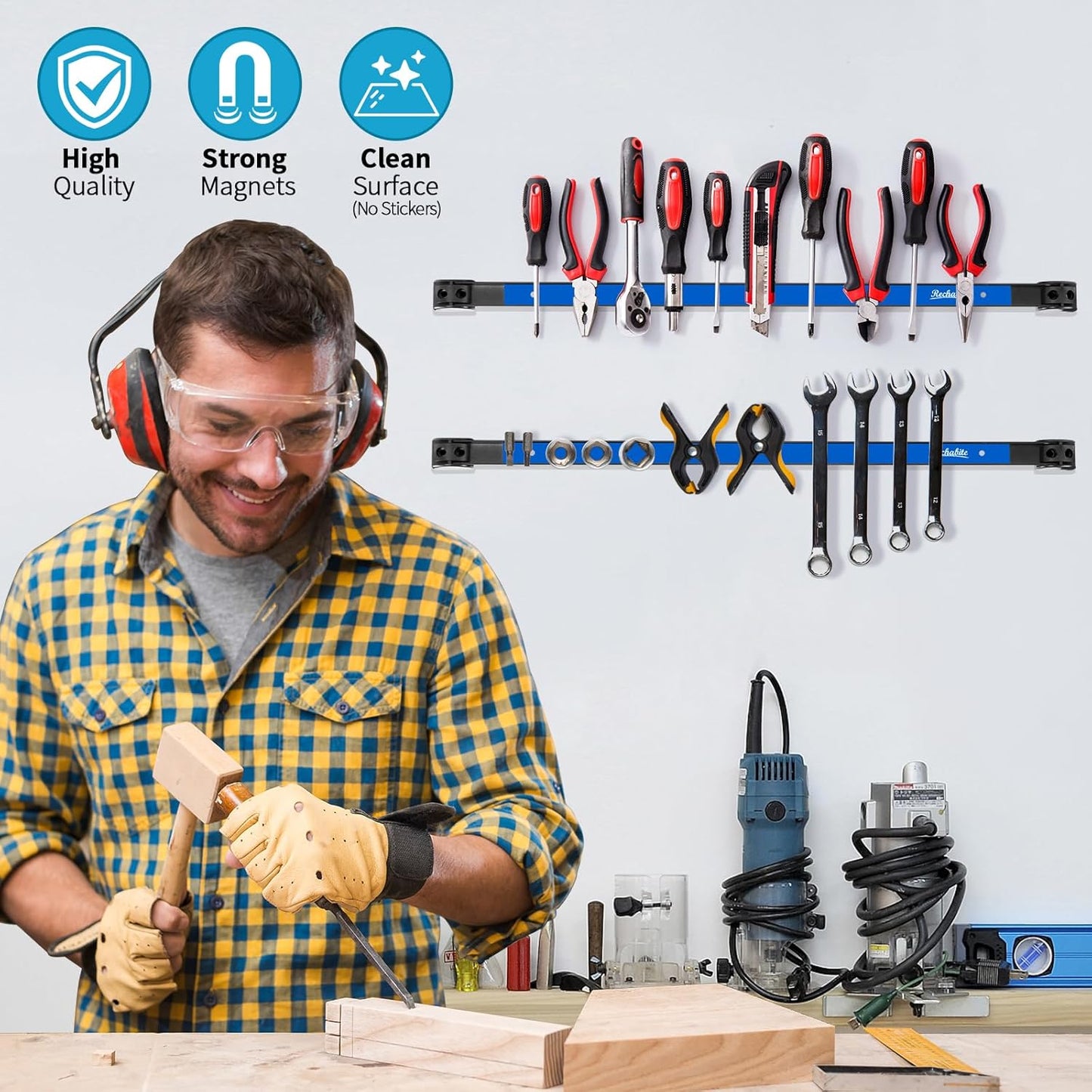 4 Pieces 24" Magnetic Tool Holder Strip, Blue Magnet Bar, Metal Tool Organizer Rack for Garage Organization, Easy To Install in Workshop, Mounting Screws Included