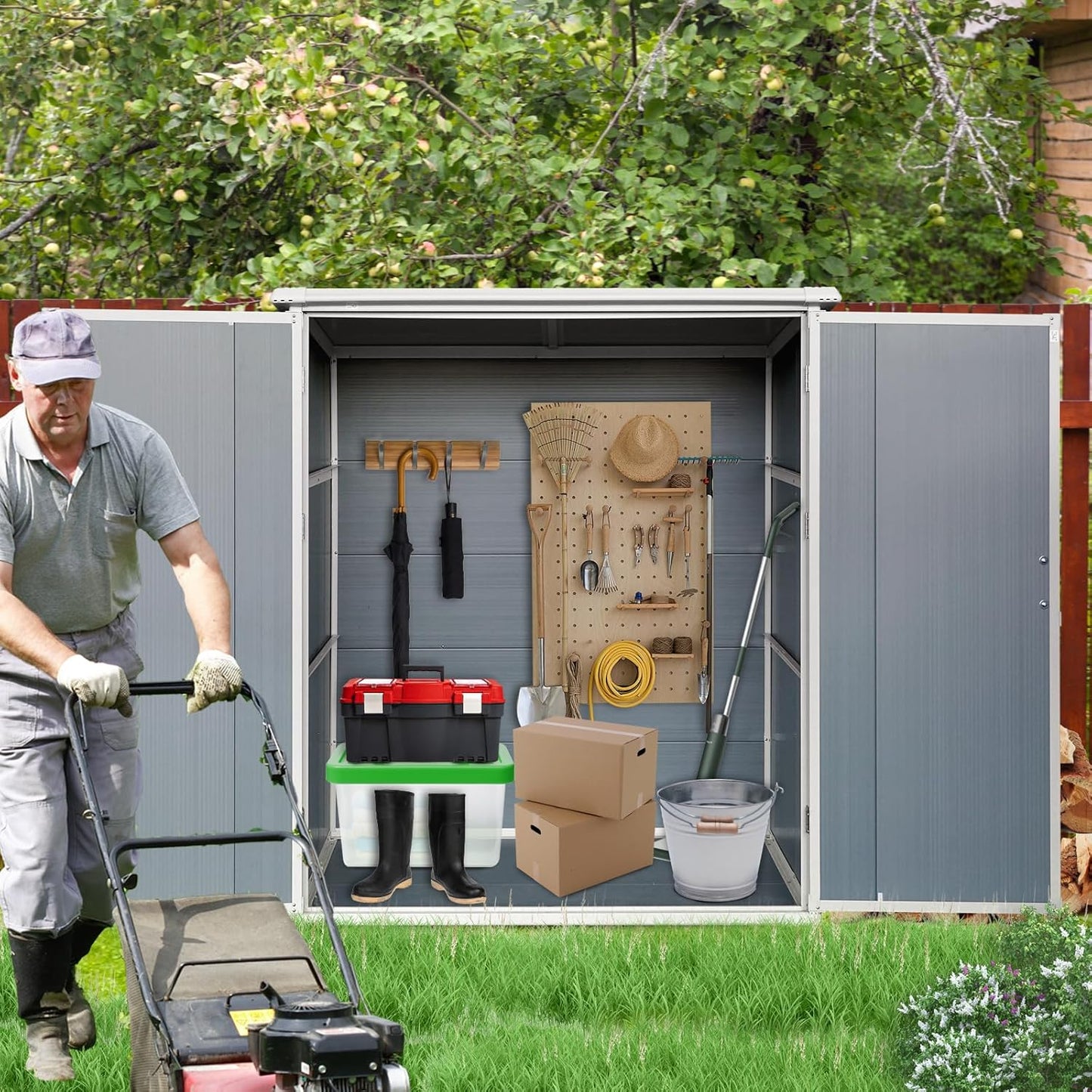 5x3 FT Resin Outdoor Storage Shed with Floor, Resin Cabinet with Lockable Doors, Waterproof Plastic Tool Shed for Patio Furniture, Bikes, Grey